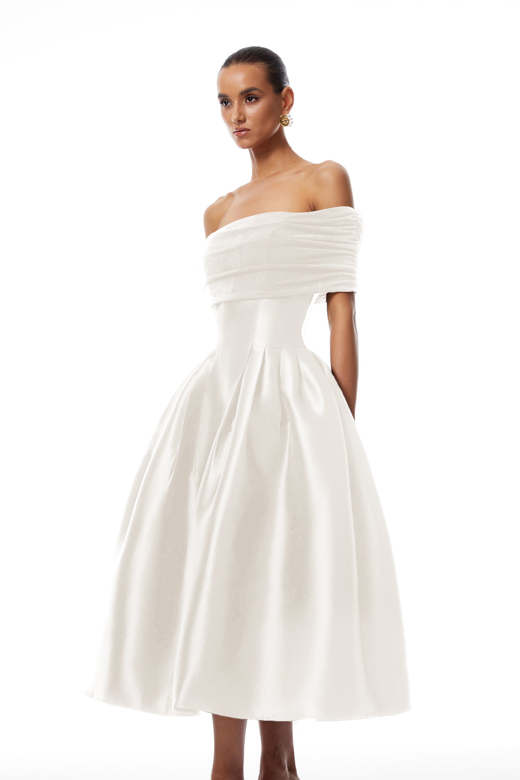 Ainara White Off Shoulder Polished Midi Dress (Final Sale-US Only)