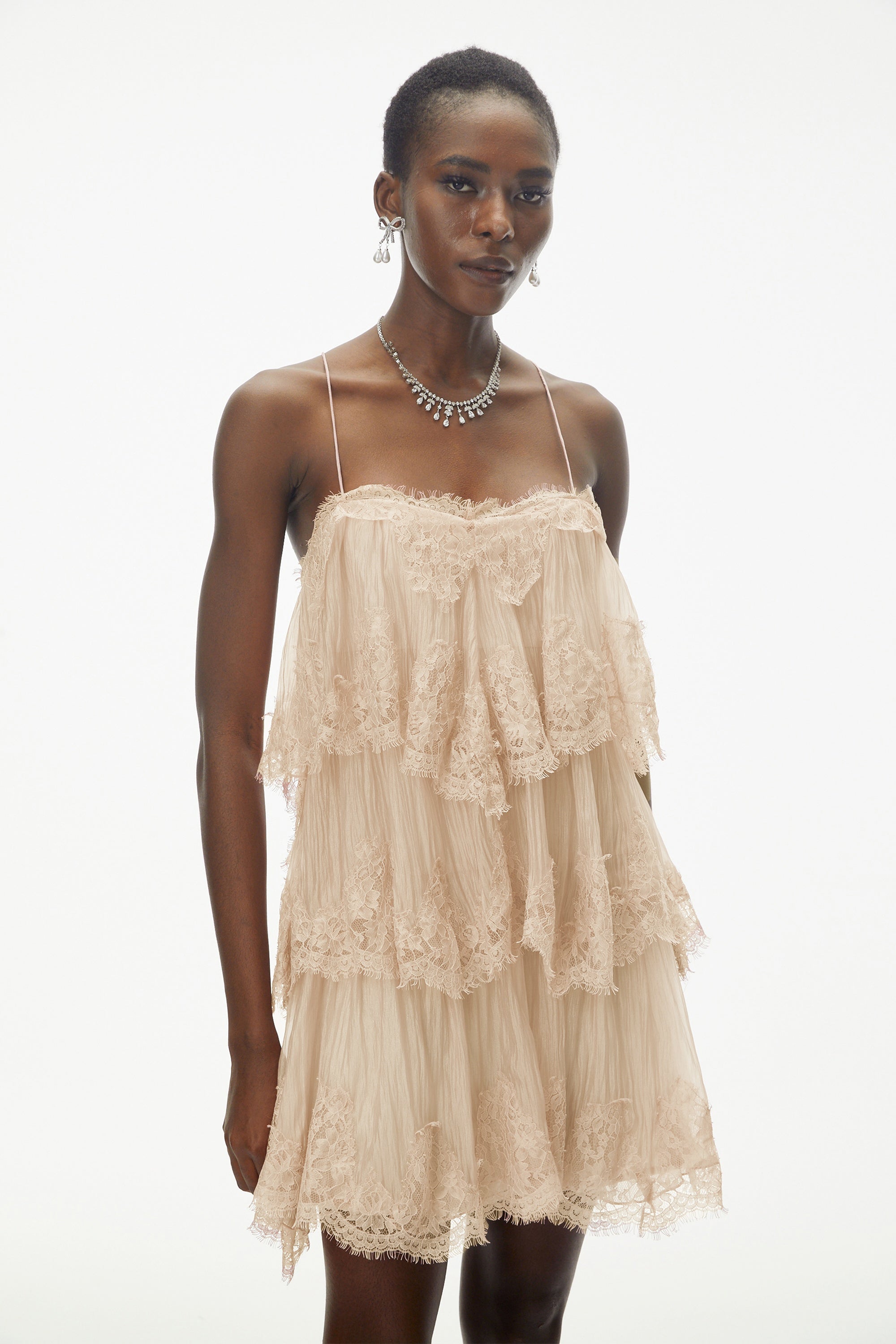 Rachel Beige Tiered Mini Dress with Lace Trim
