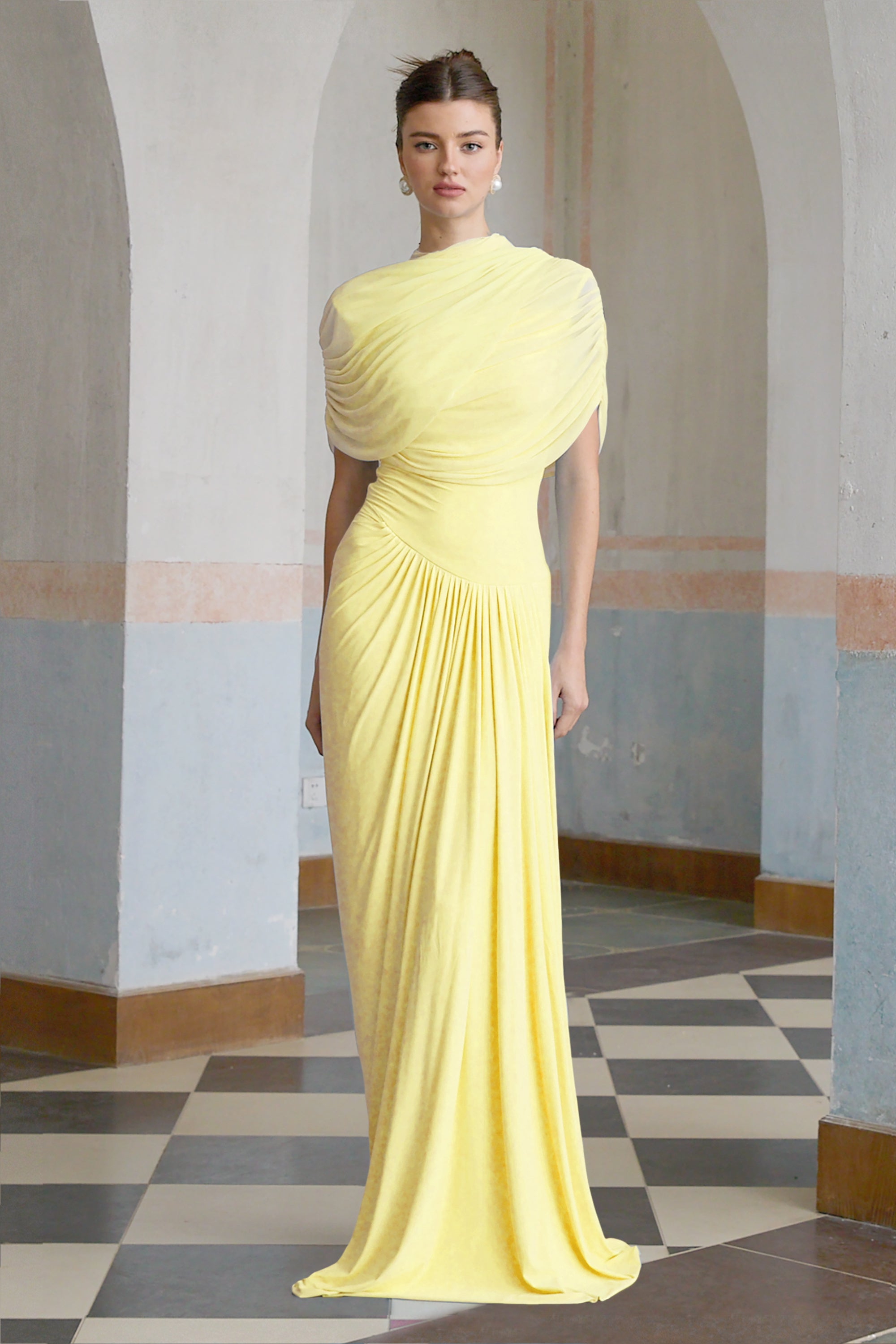 Catherine asymmetrical pleated maxi dress in Yellow