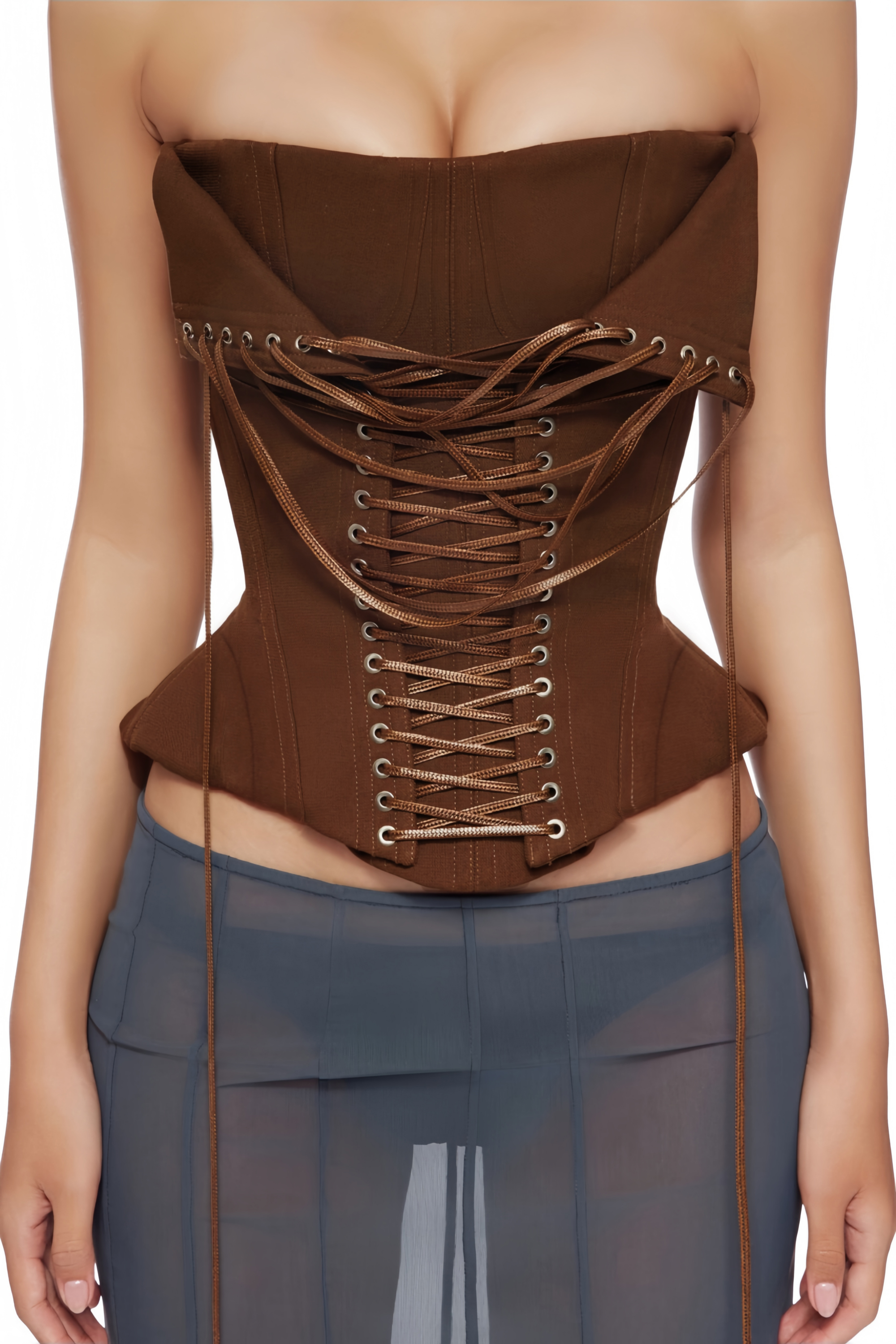 Indre Brown Lace Up Corset Crop Top
