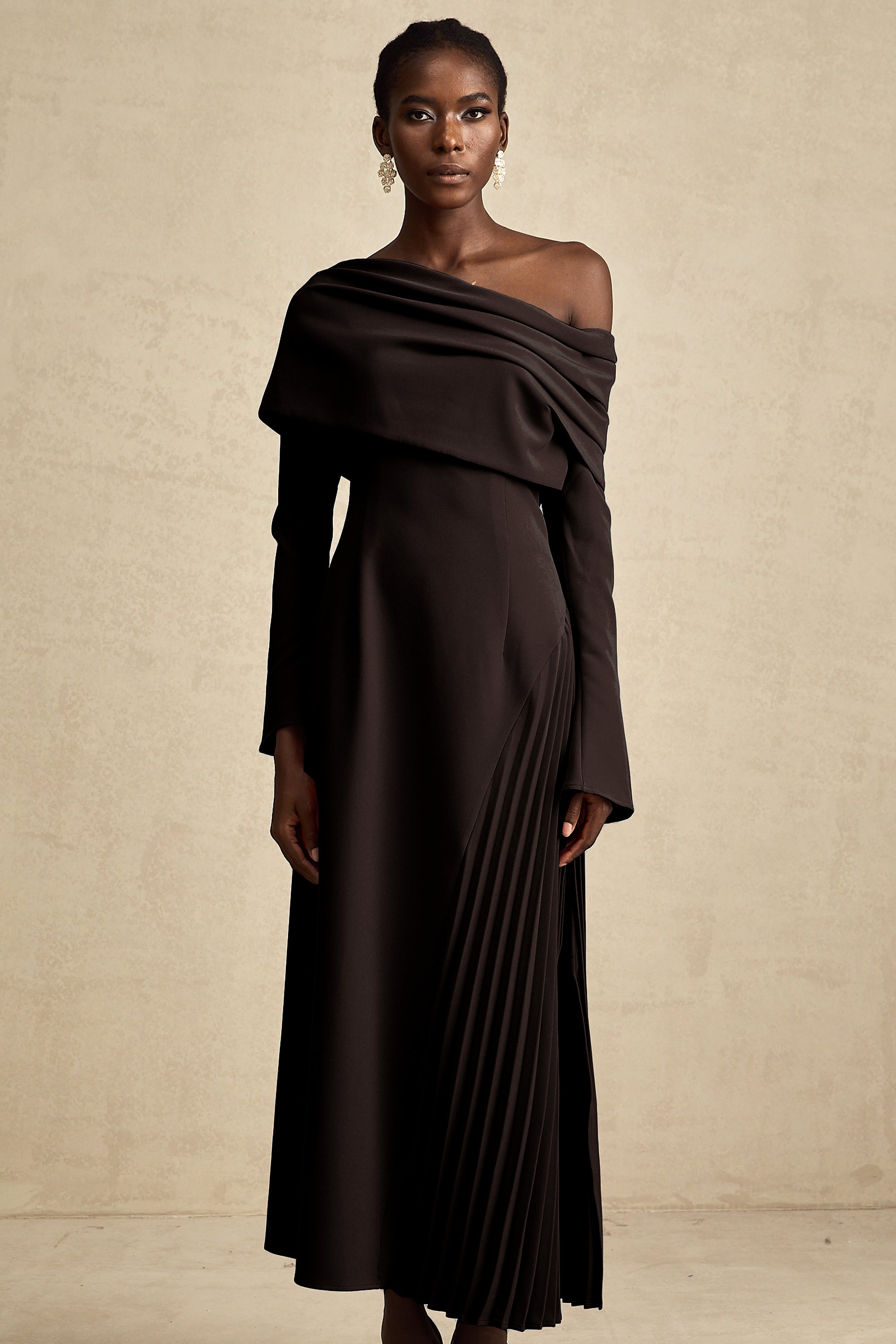 Valentine high-slit pleated maxi dress in Black (US Only)