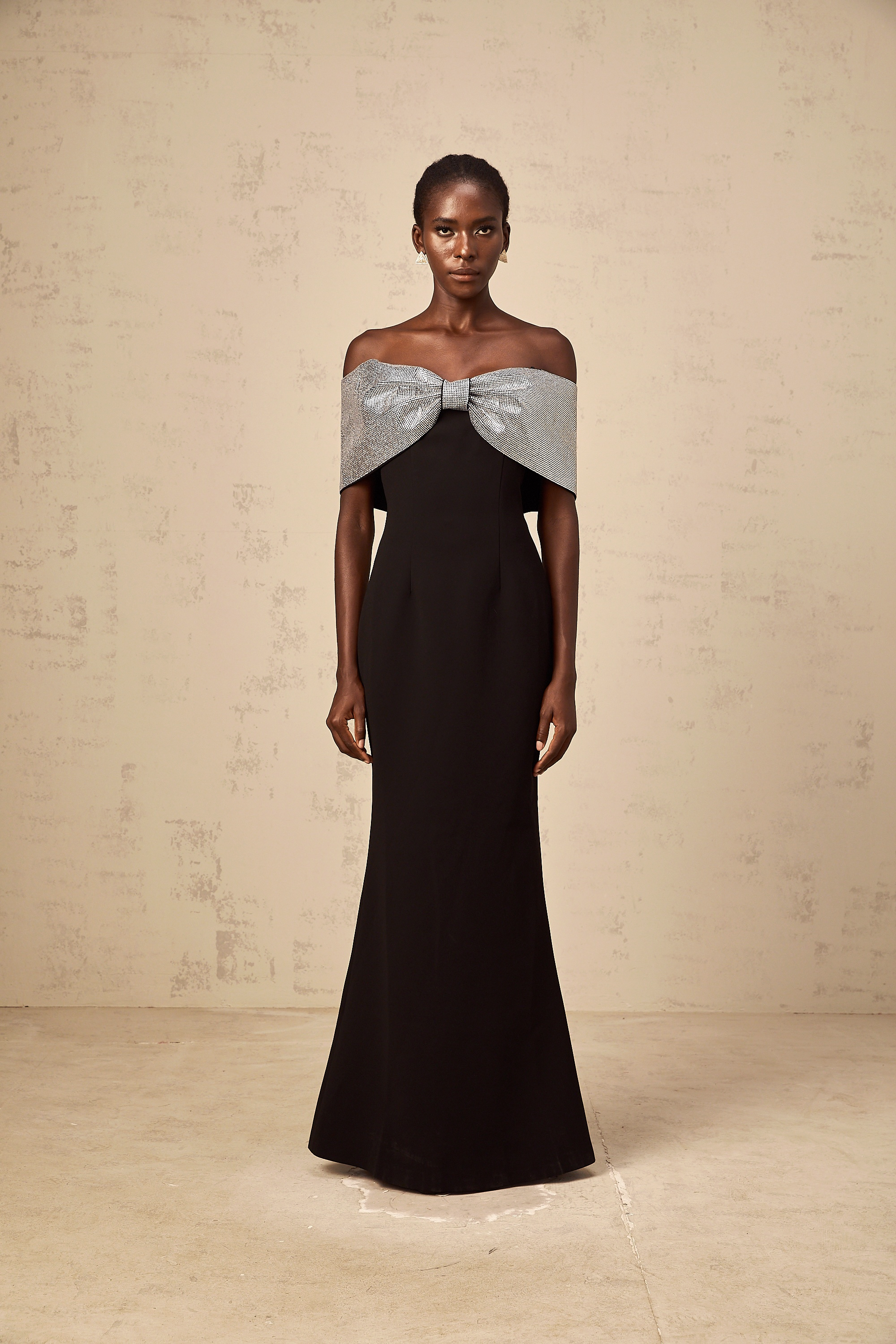 Chloé black rhinestone-bow off-shoulder maxi dress