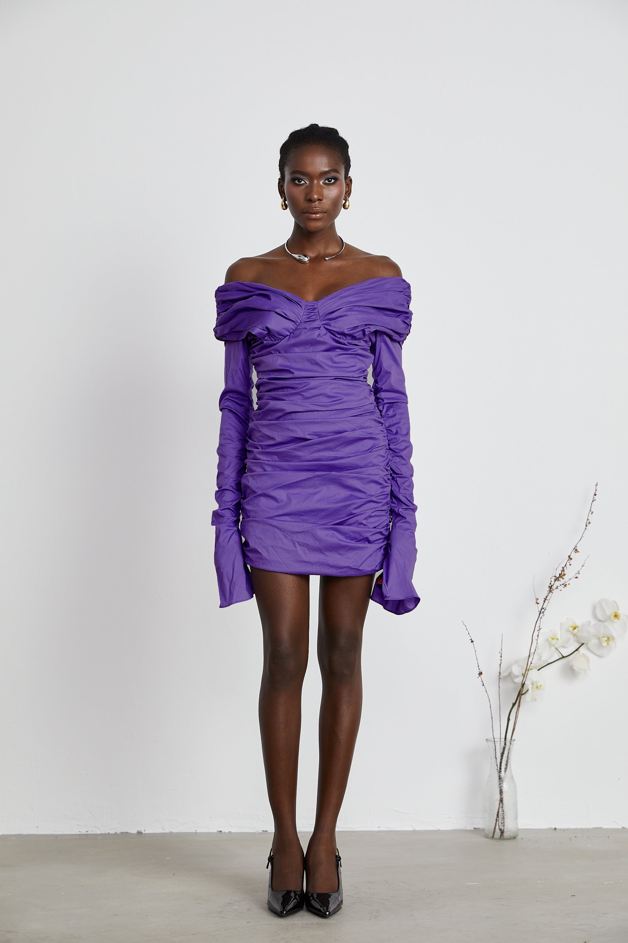Apolline purple off-shoulder ruched mini dress (Final Sale-US Only)