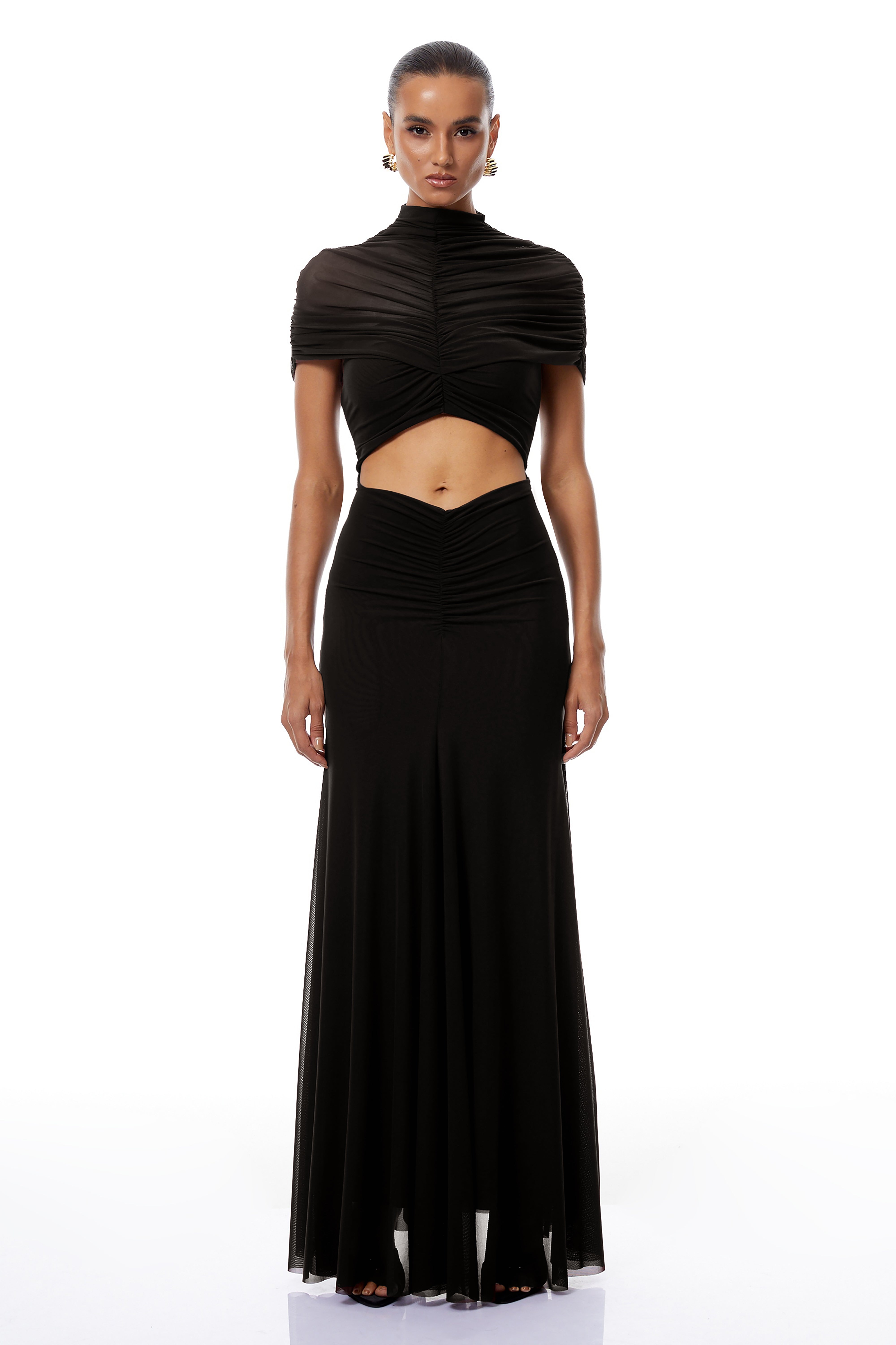 Bruna Cut-Out Ruched Mesh Maxi Dress