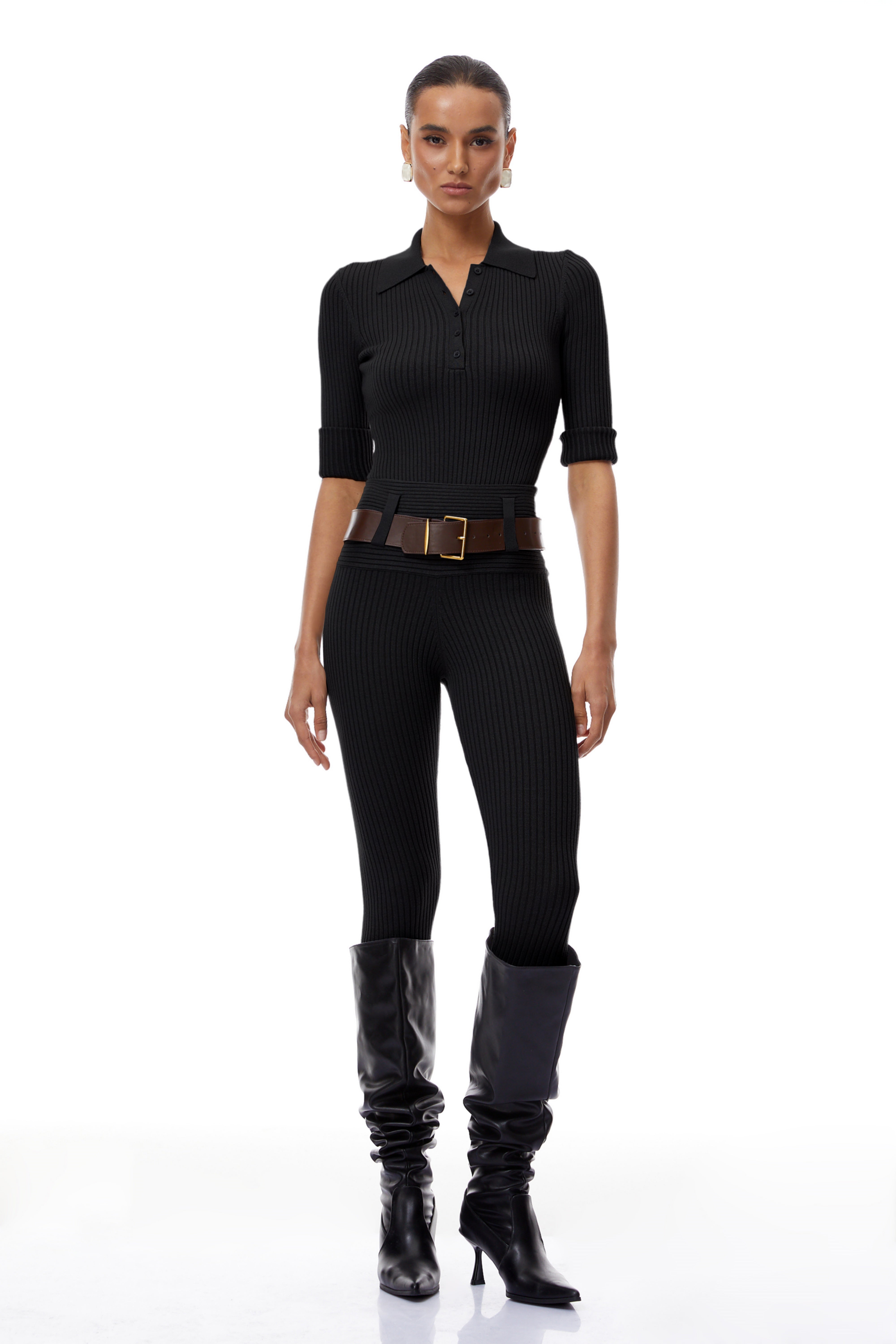 Claire Black Ribbed Knit Bodysuit & Trousers Set