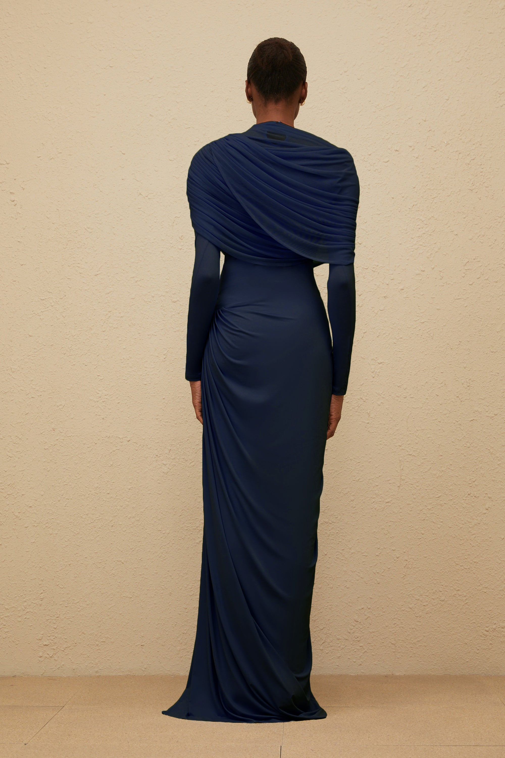 Catherine Navy-Blue Asymmetrical Pleated Long-Sleeve Maxi Dress