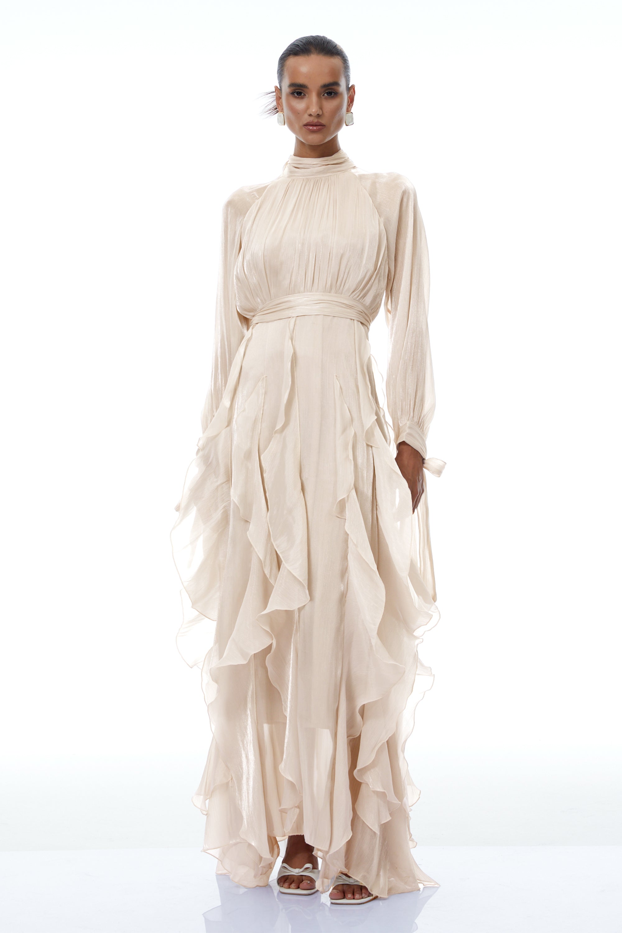Zélie Neutral Glossy Pleated Ruffled Maxi dress (Final Sale-US Only)