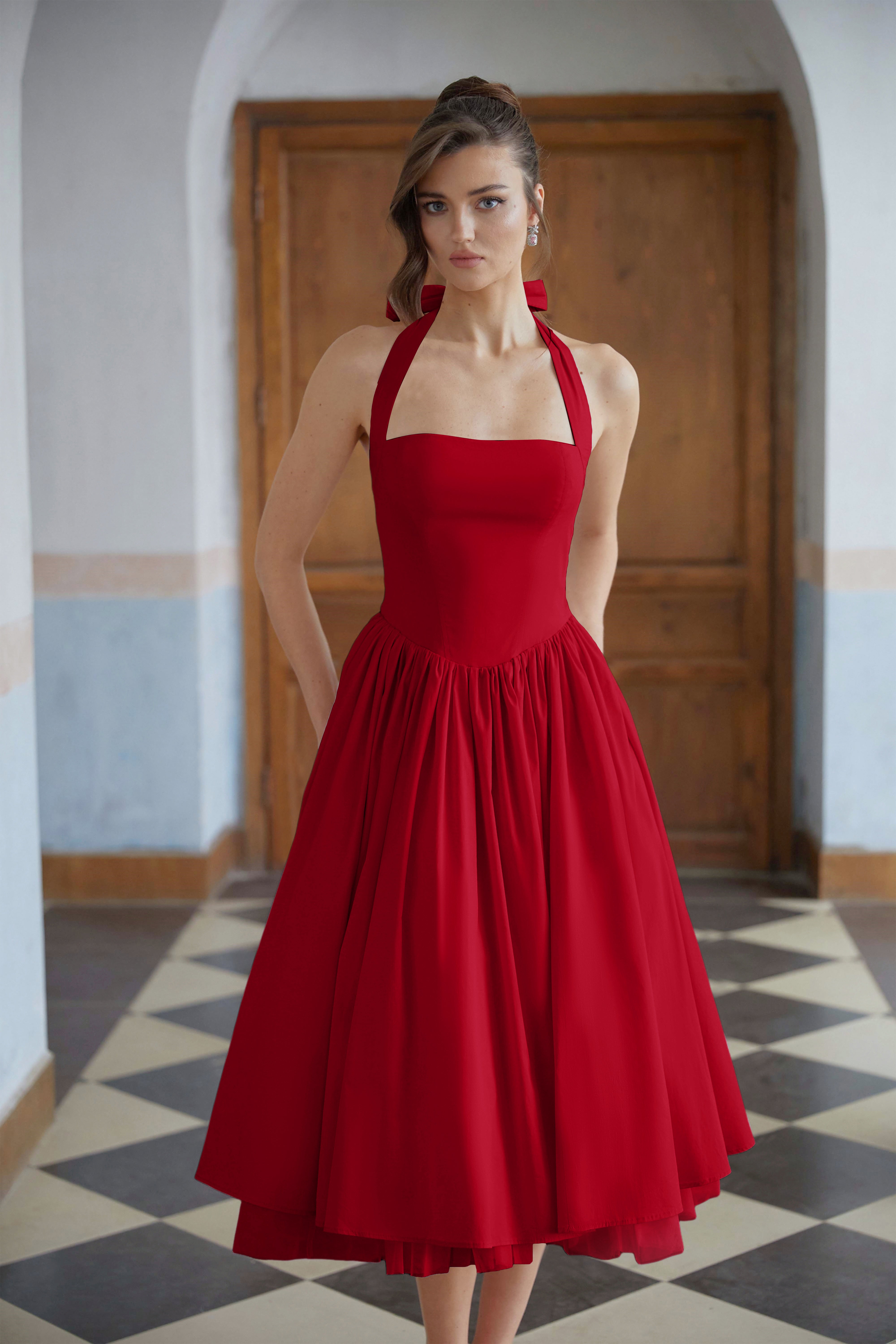 Eponine Red Layered Flared Hem Midi Dress (Final Sale-US Only)