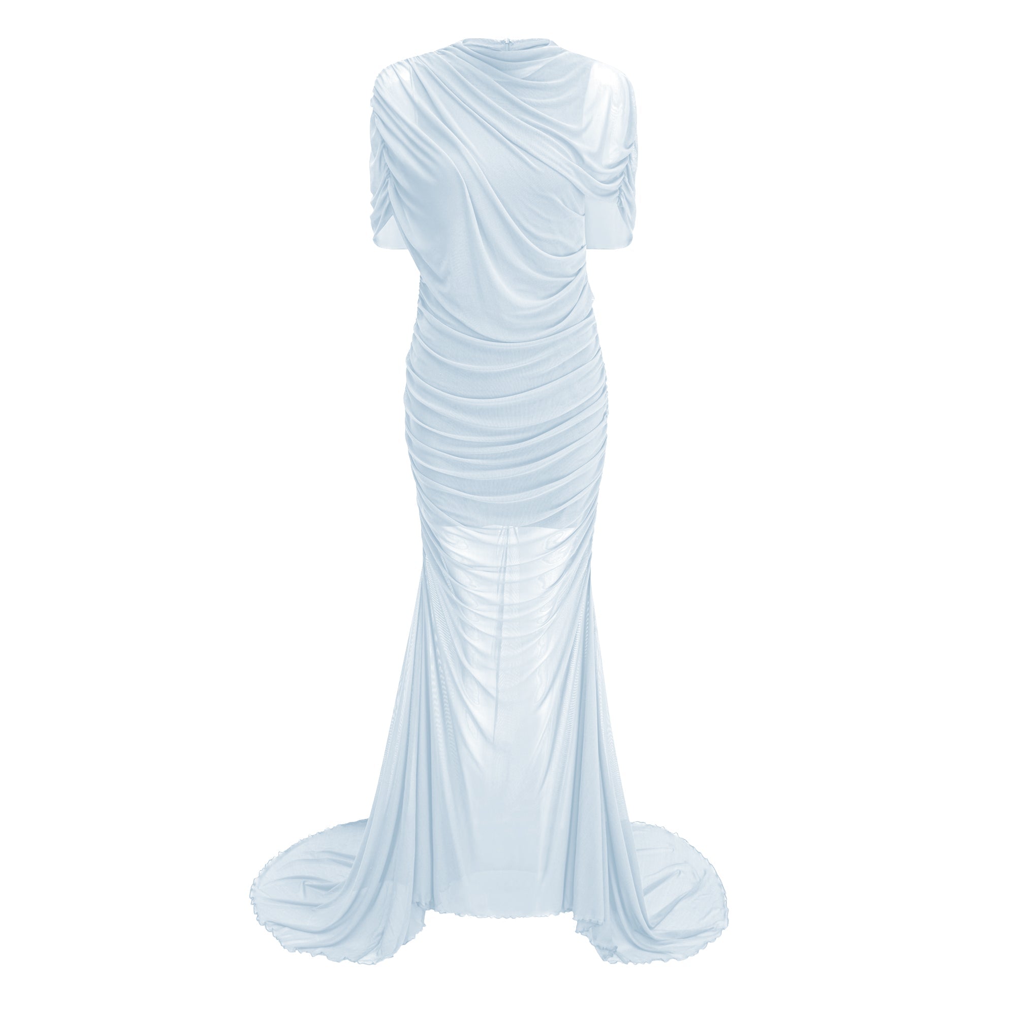 Sylphe Blue Asymmetrical Ruched Mesh Maxi Dress