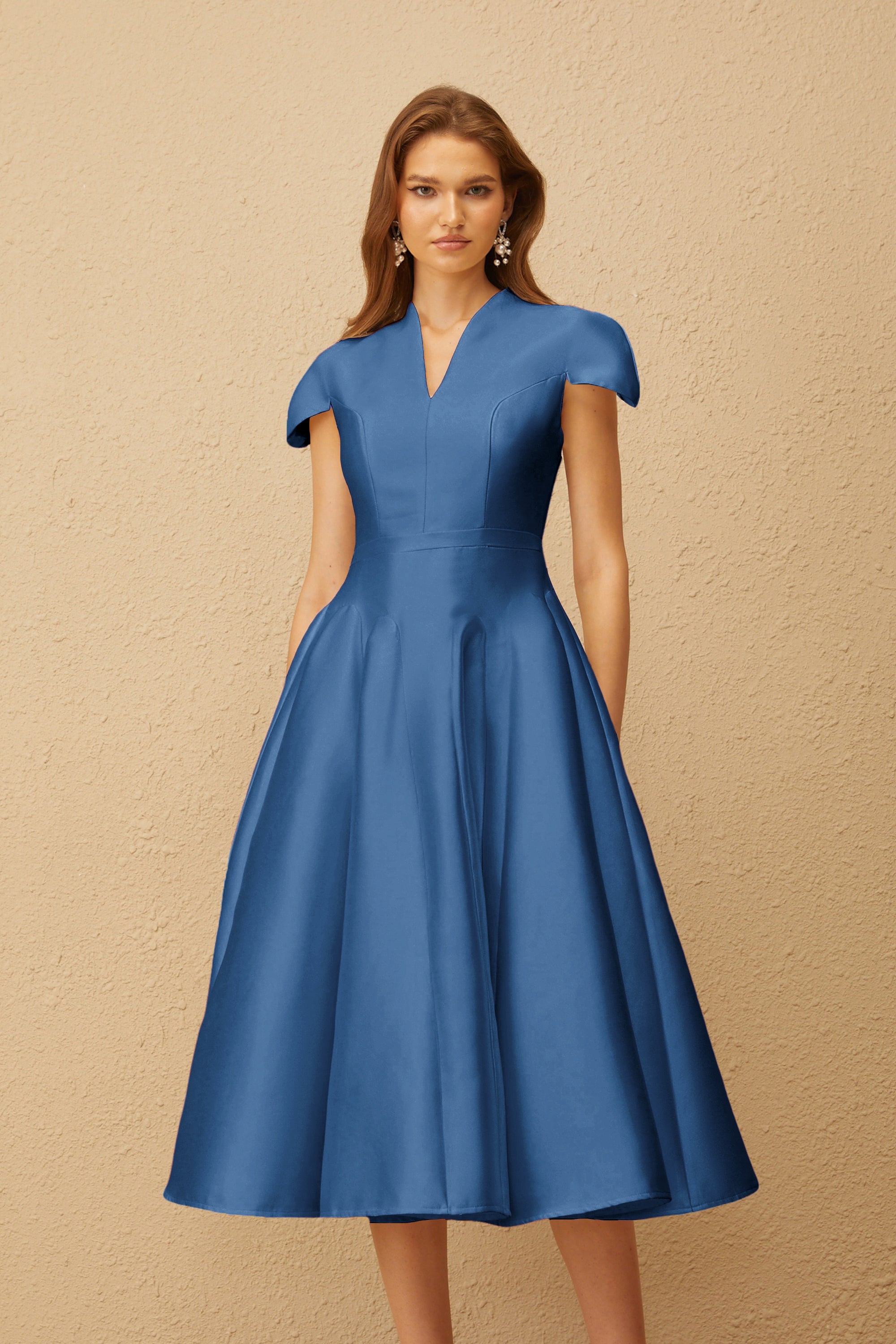 Aventin Blue Godet Design Midi Dress (Final Sale-US Only)