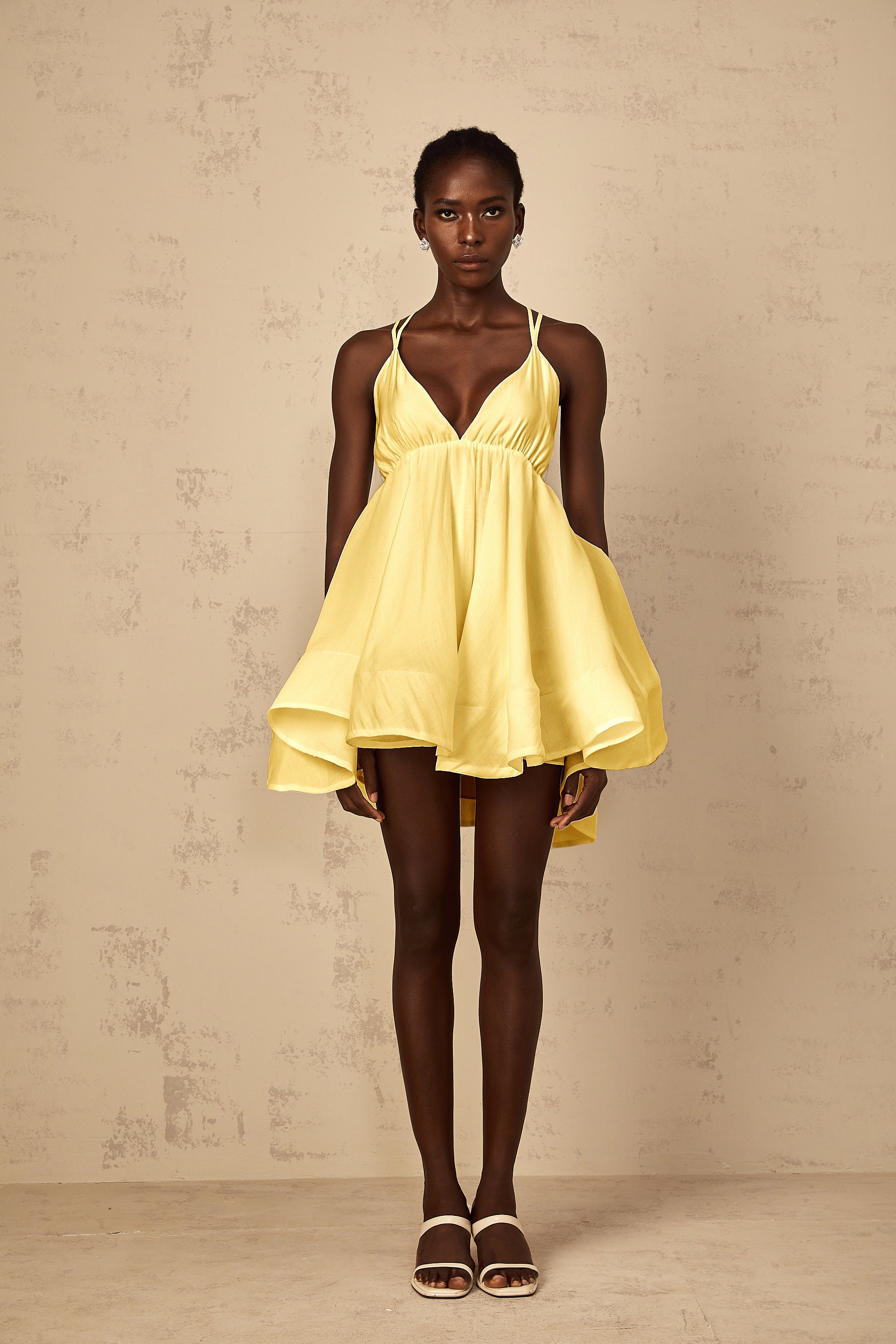 Quincie Yellow Shirred Flounced Mini Dress (Final Sale)
