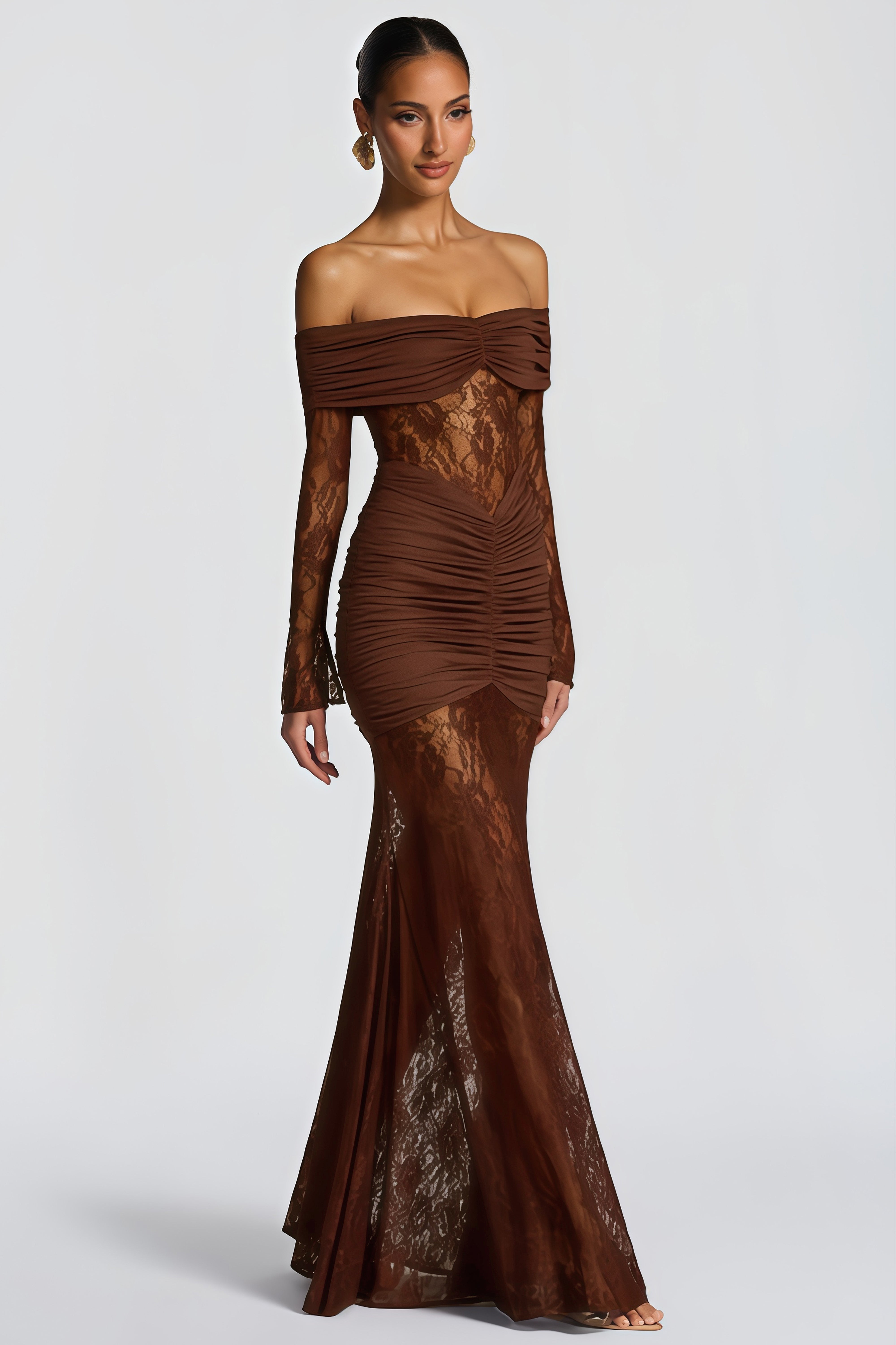 Brigitte Brown Lace Panel Ruched Maxi Dress (Final Sale)