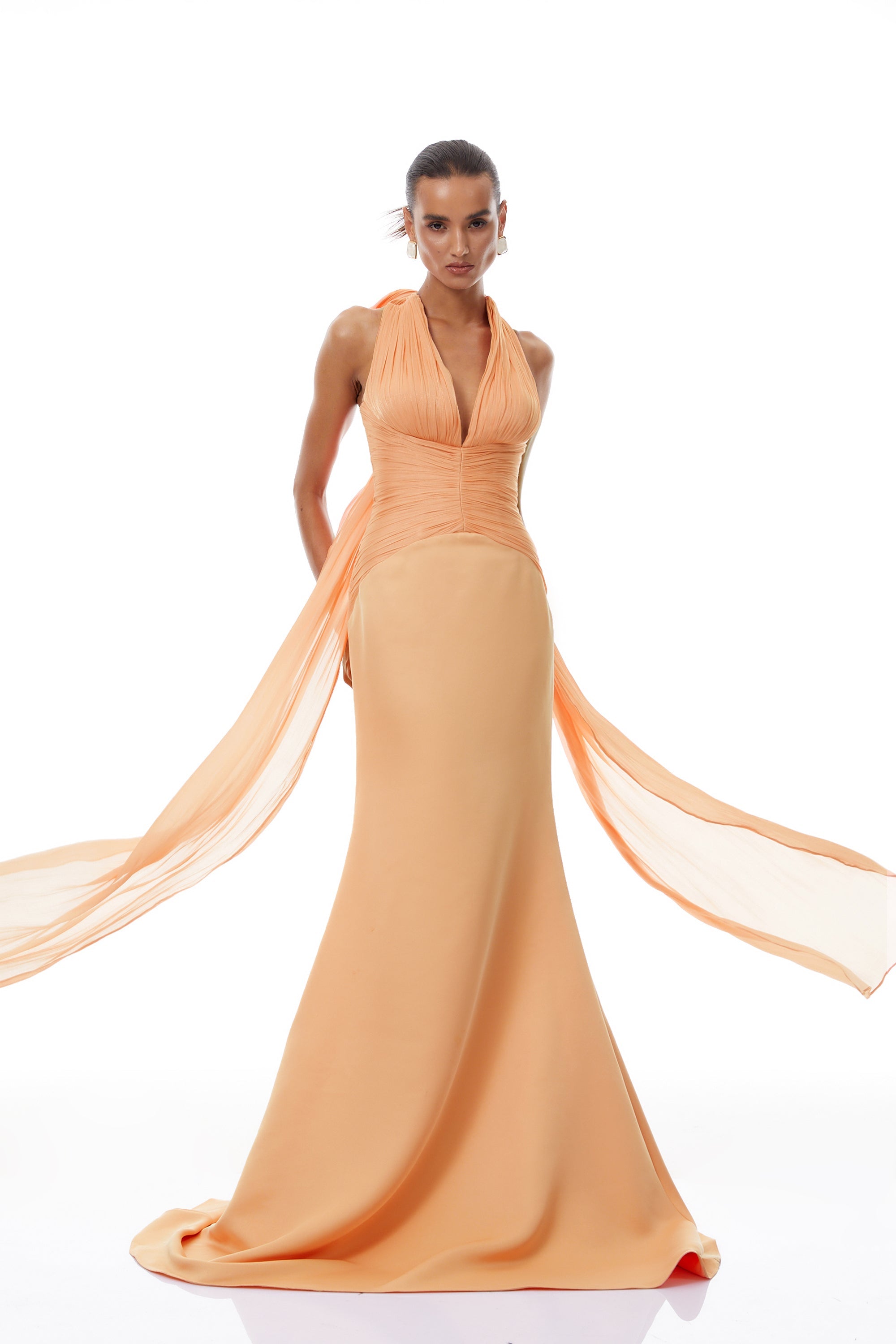 Emmeline Orange Train Design Gathered Maxi Dress