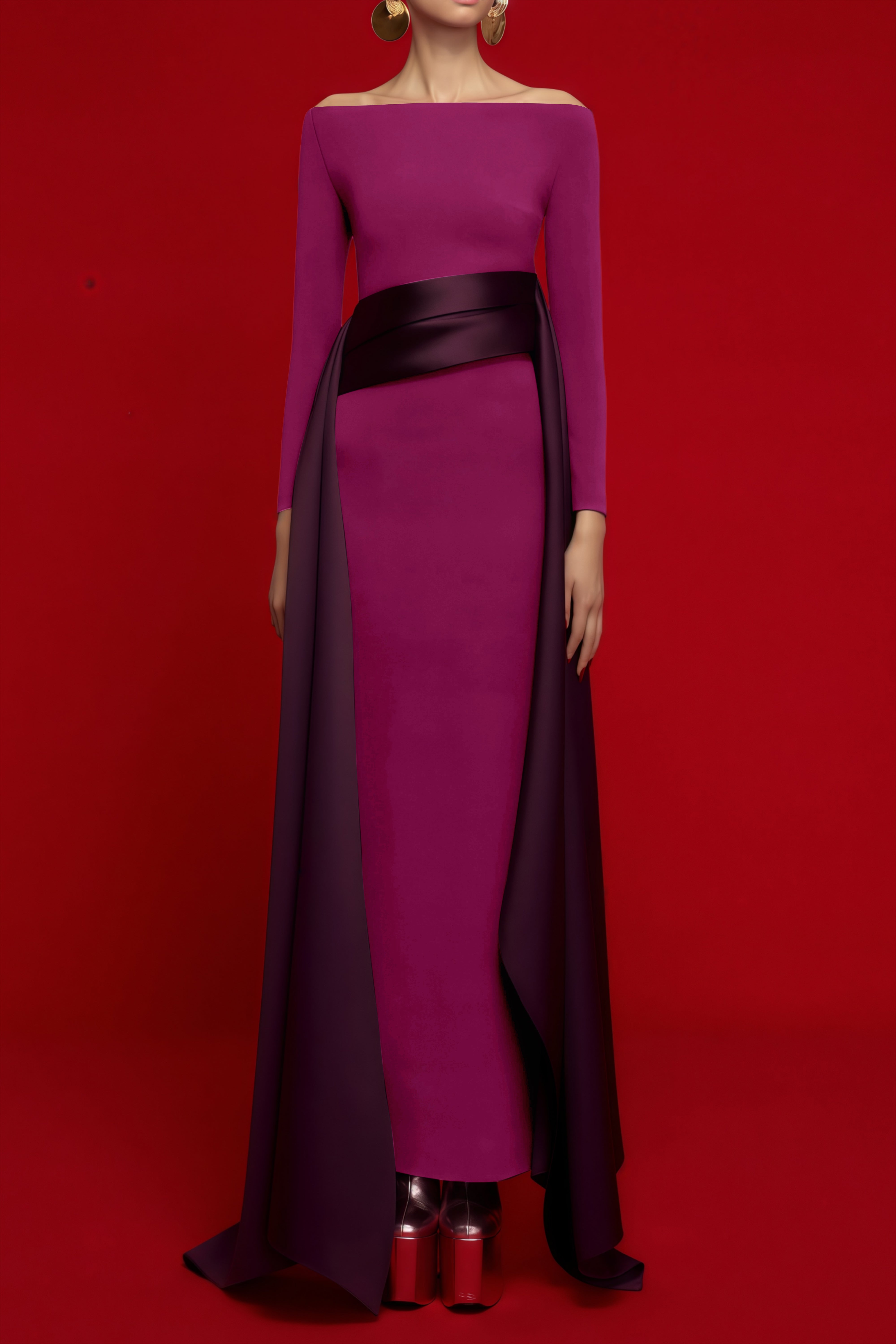 Ginevra Magenta Draped Stain Panel Maxi Gown