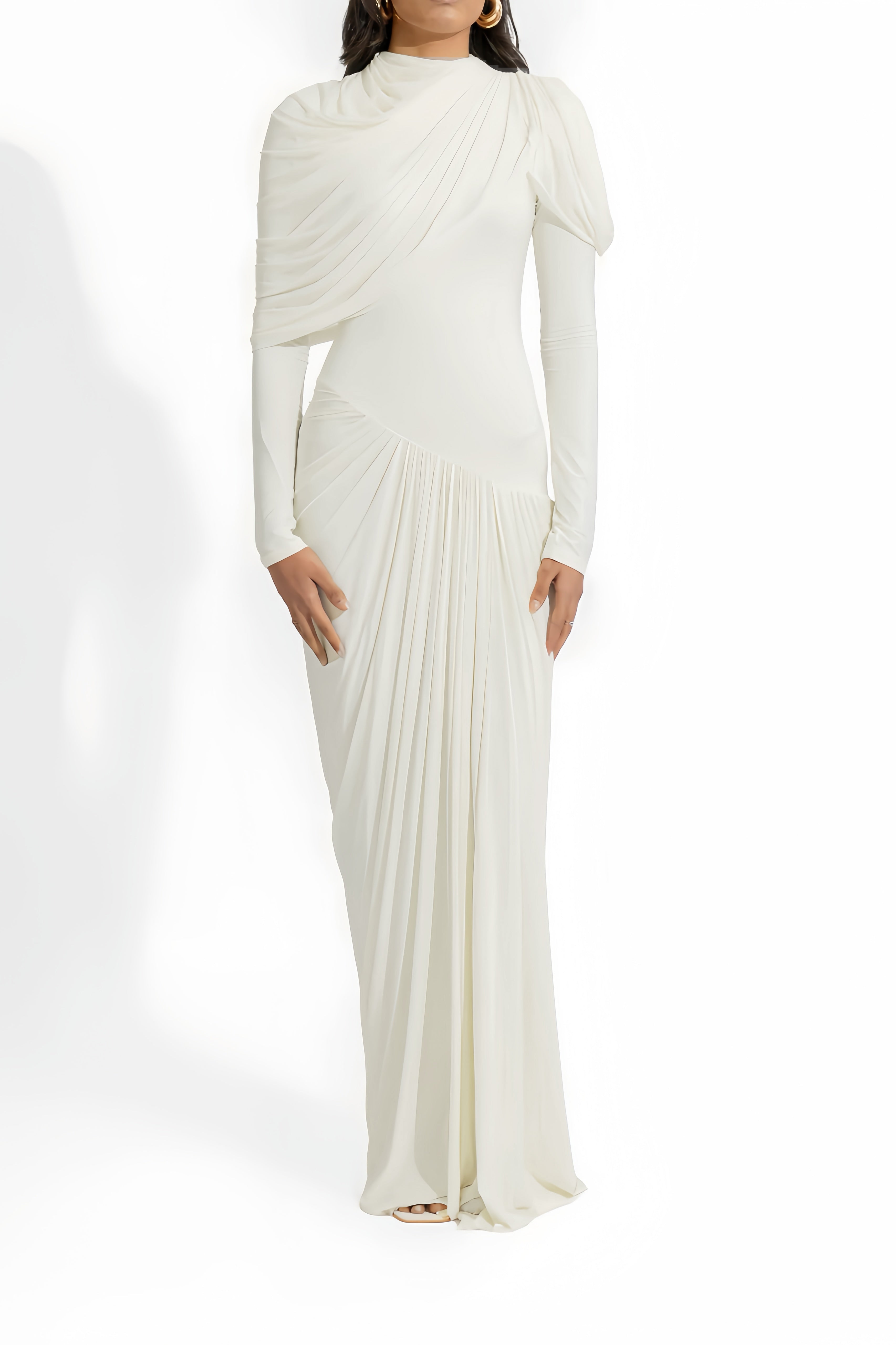 Bronwyn White Draped Pleated Asymmetrical Maxi Dress (Final Sale-US Only)