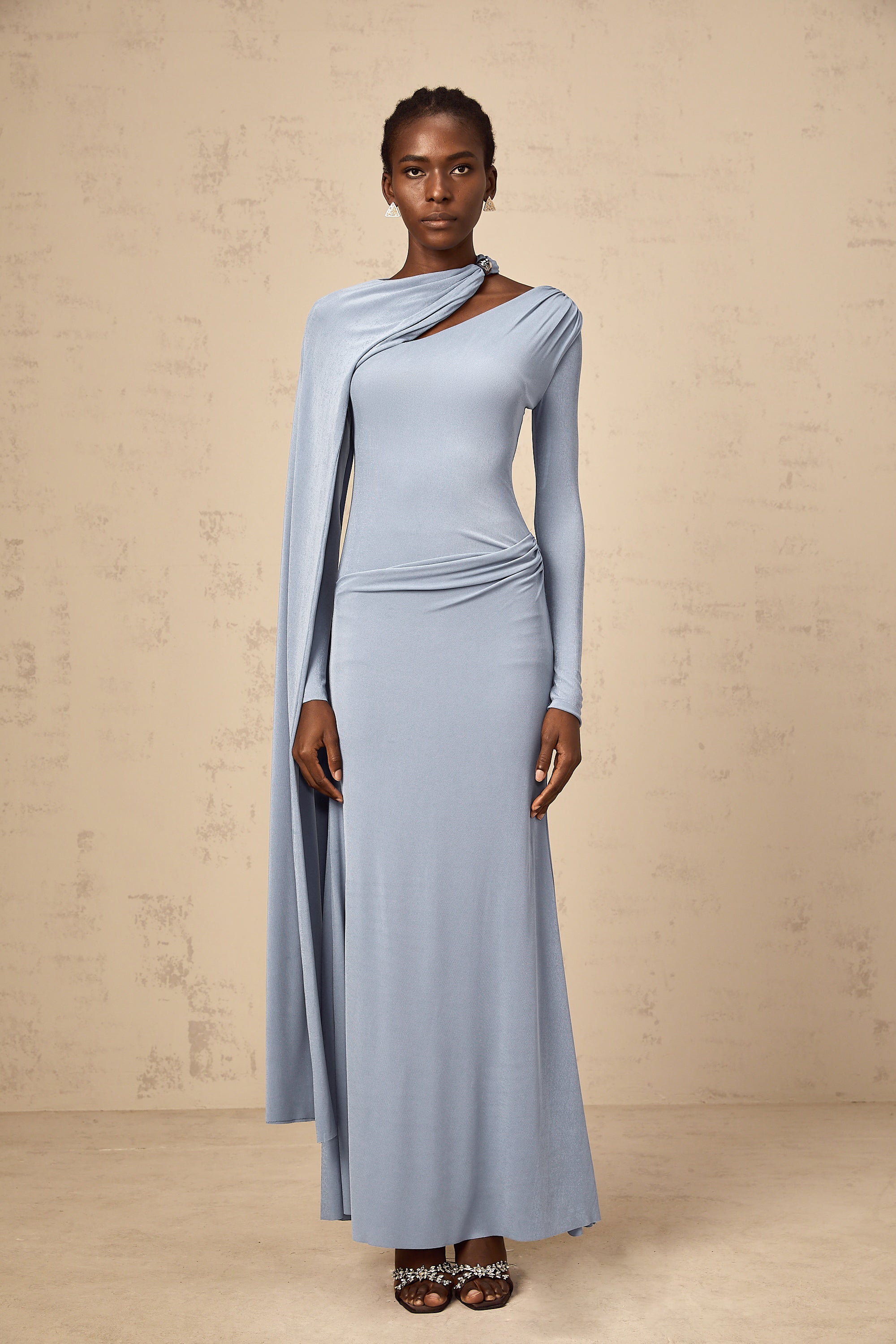 Josette Blue Diagonal Shawl Fitted Maxi Dress (Final Sale-US Only)