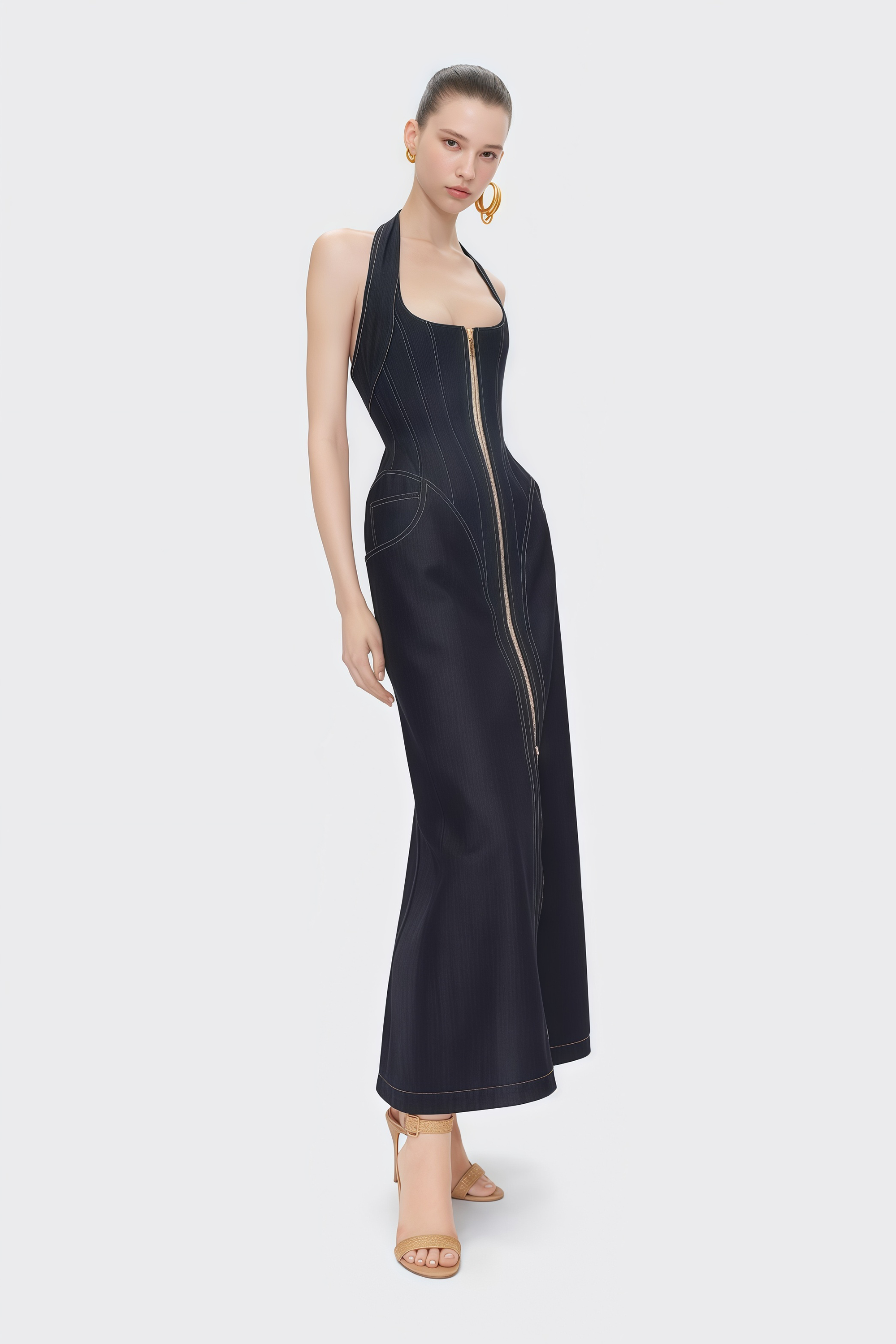 Adrienne black denim front-slit contrast-stitching maxi dress (Final Sale-US Only)