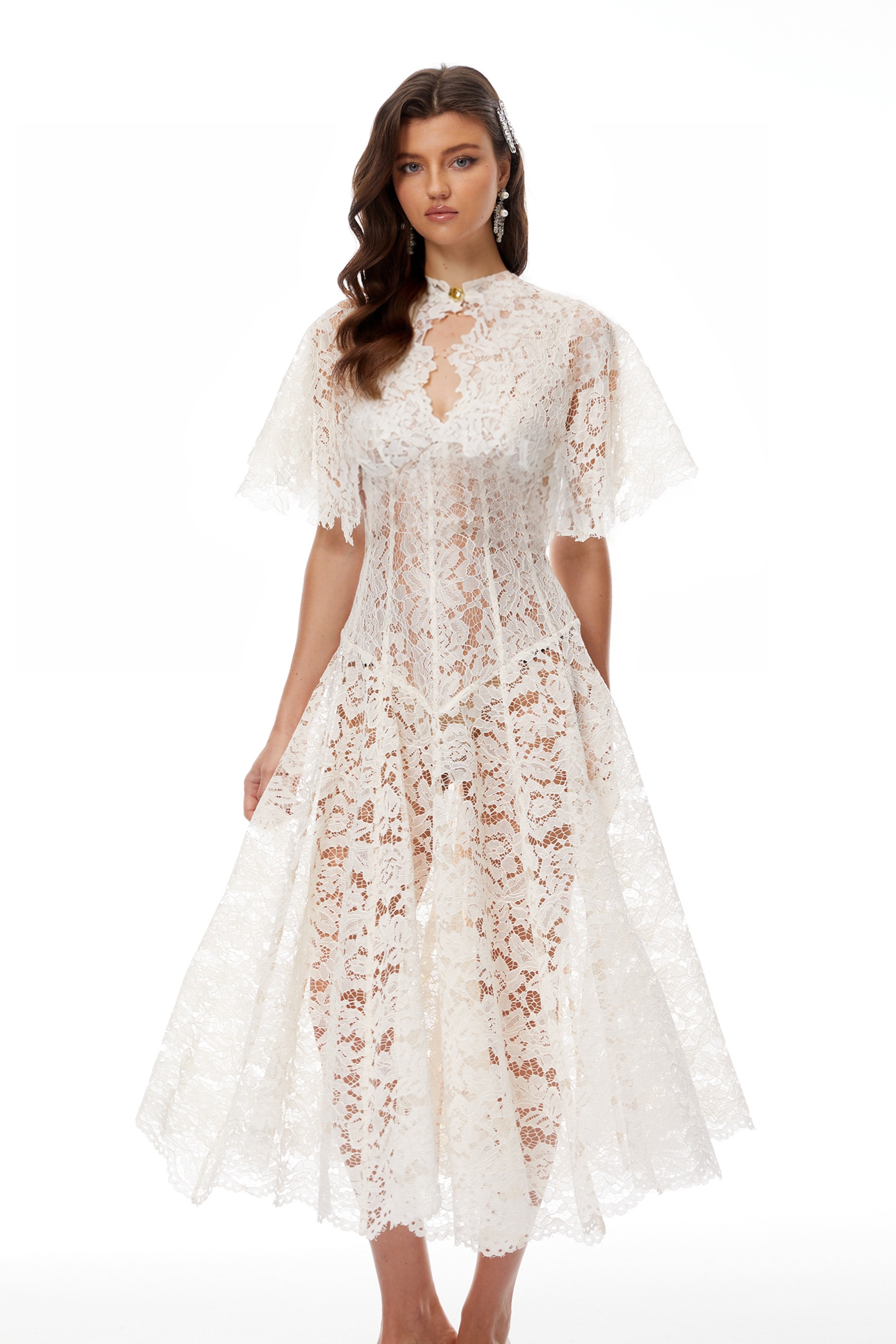 Alaia White Cape Design Floral Lace Midi Dress