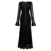 Branwen Black 3D-Floral Embroidered Lace Maxi Dress