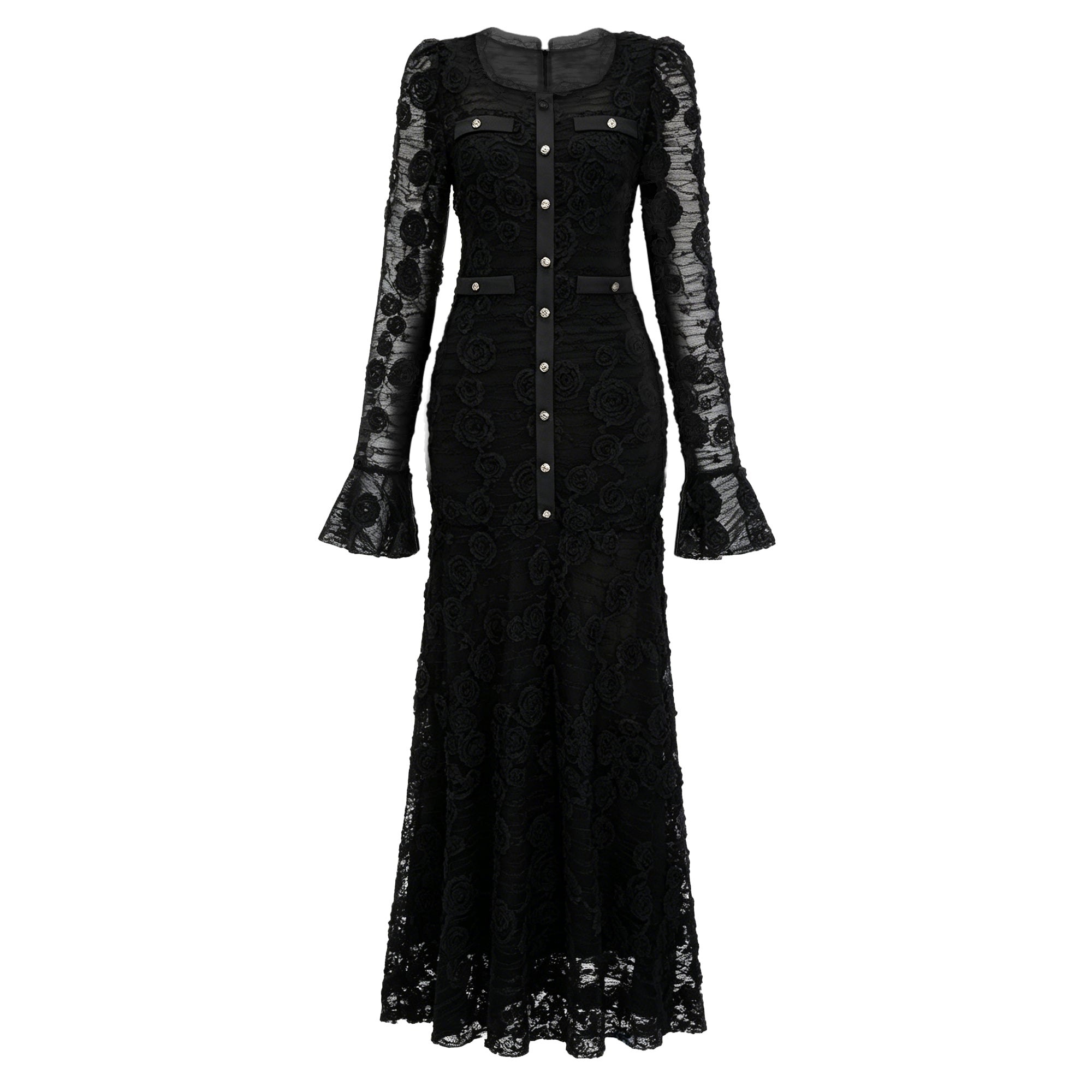 Branwen Black 3D-Floral Embroidered Lace Maxi Dress