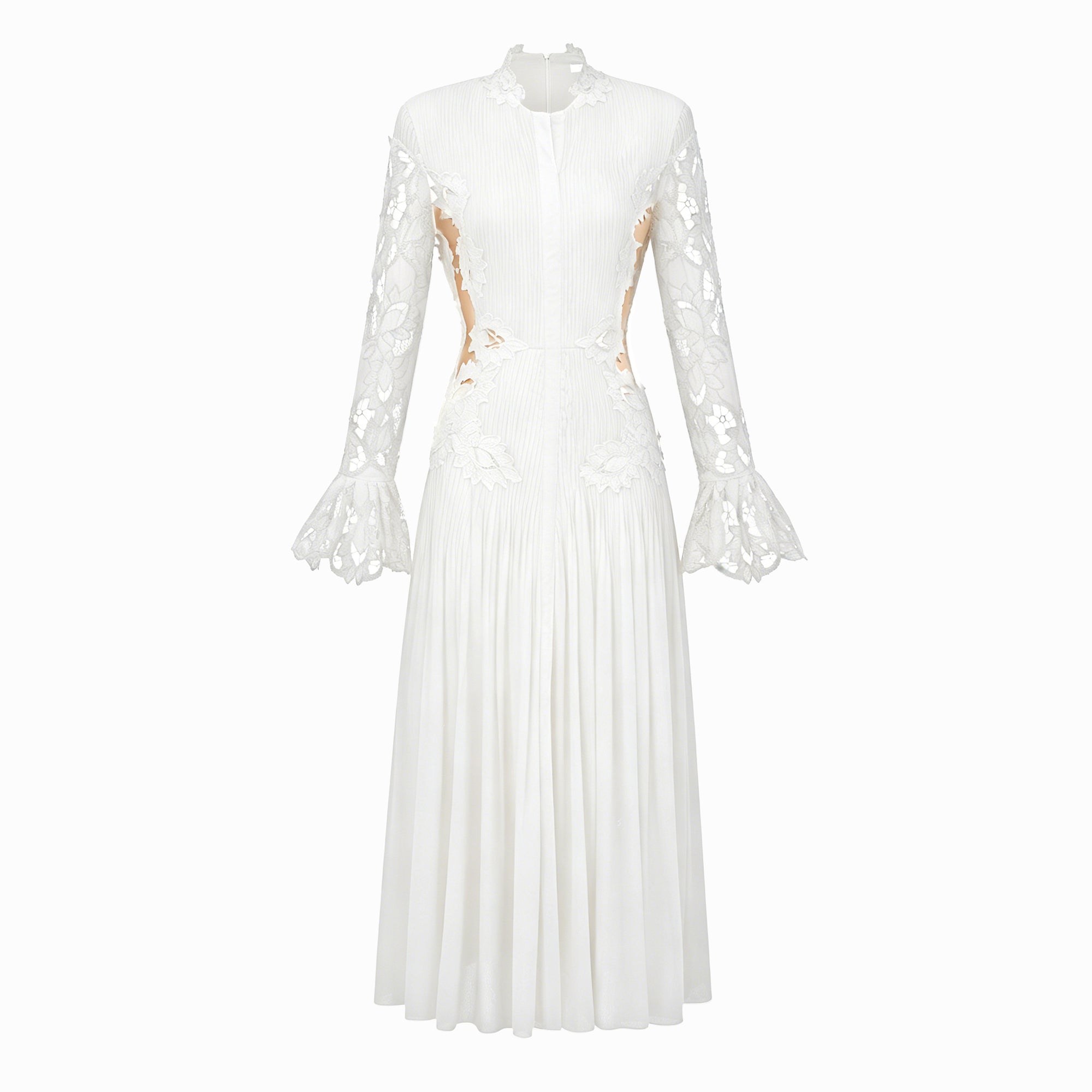 Chiara White Lace Panel Pleated Midi Dress