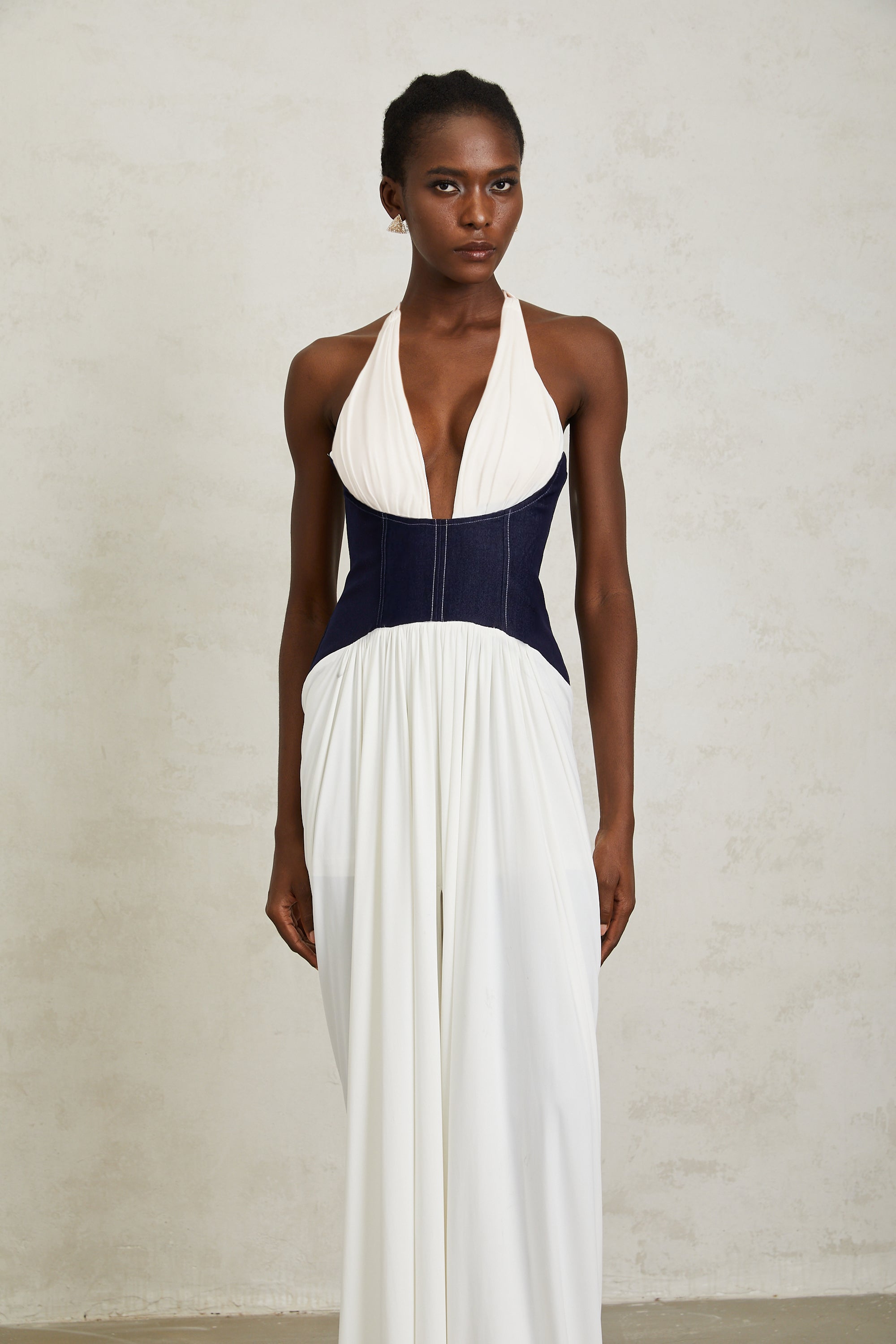 Airi White Halterneck Denim Panel Maxi Dress