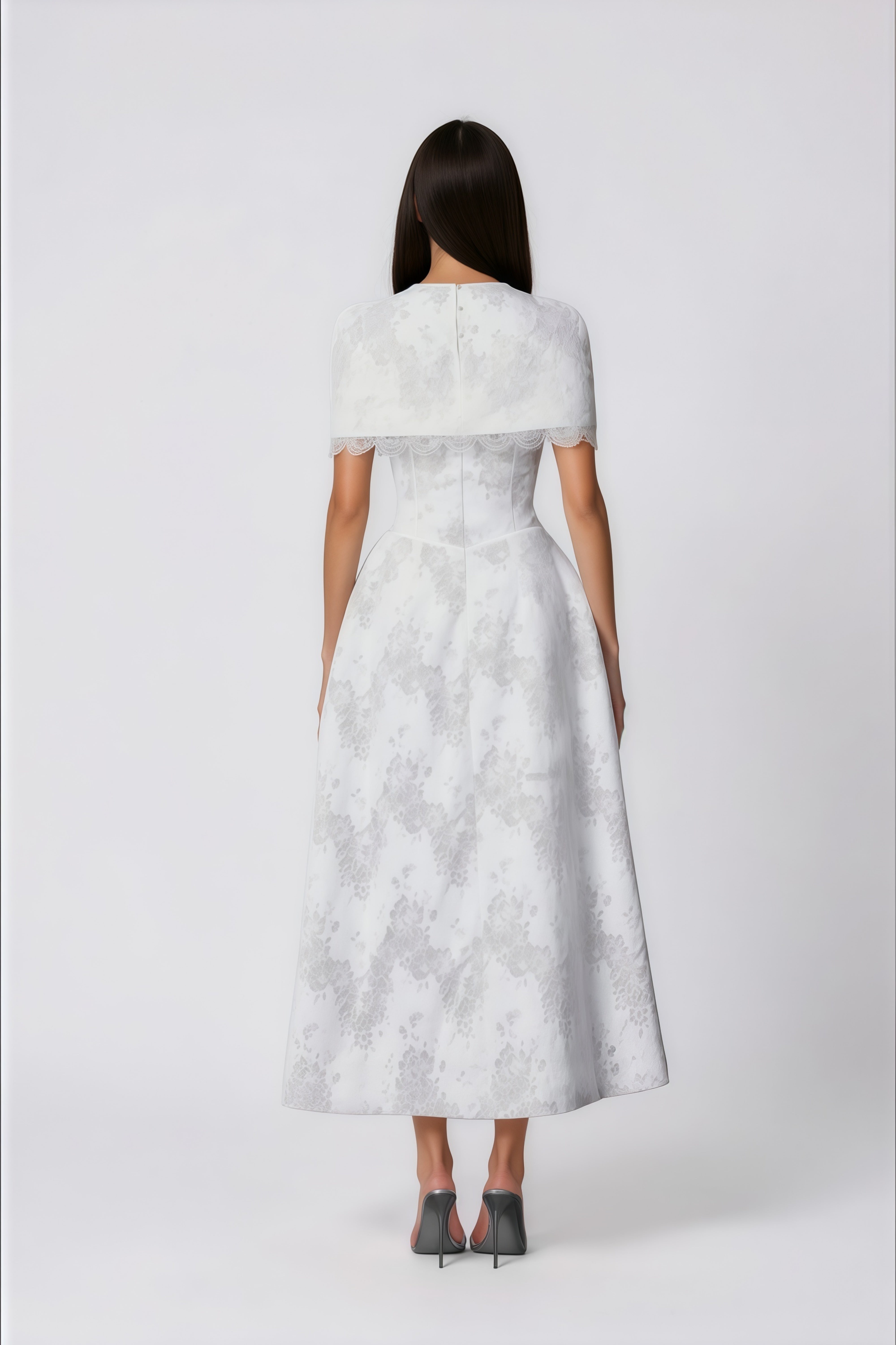 Zohar White Floral Lace Midi Dress with Cape