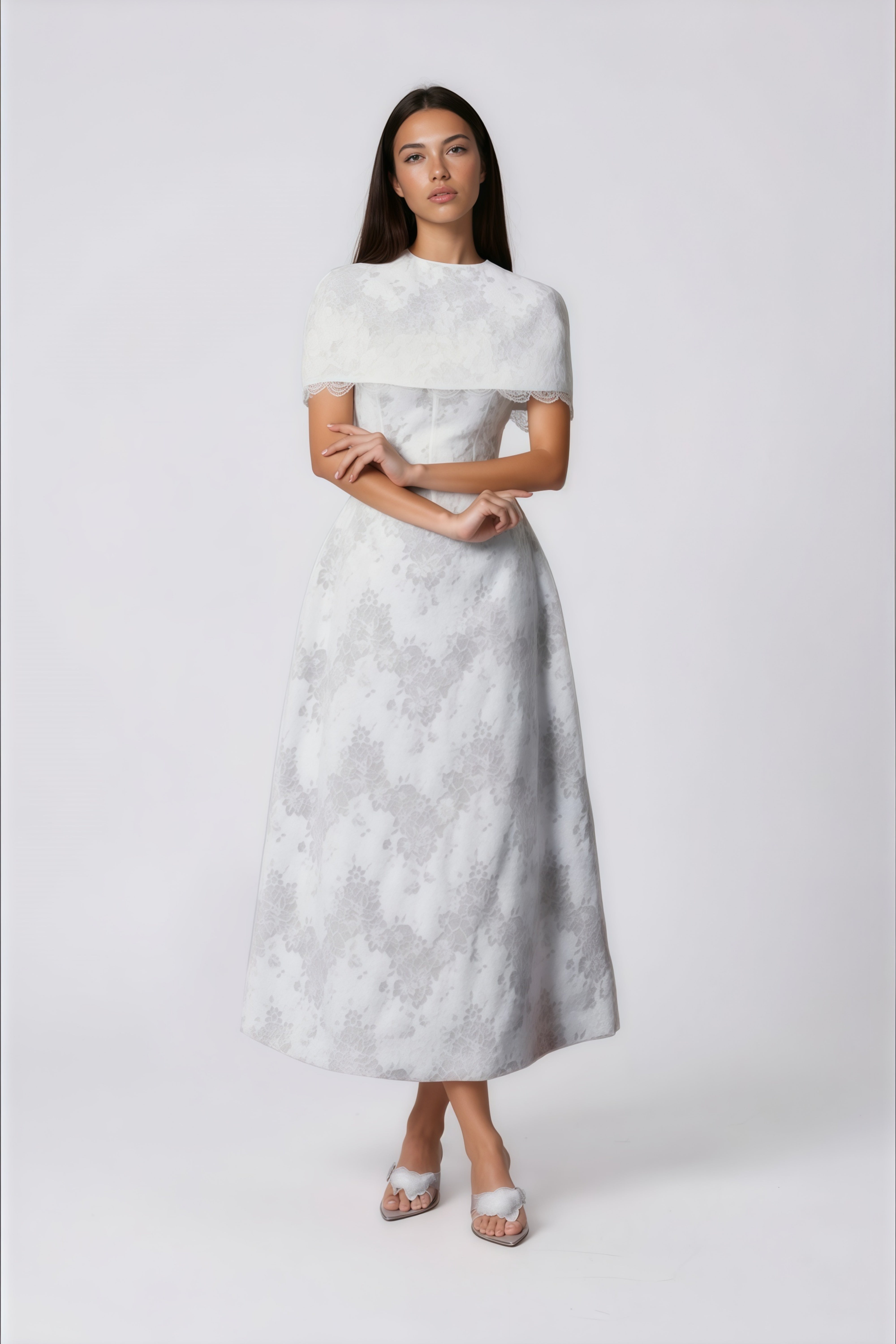 Zohar White Floral Lace Midi Dress with Cape
