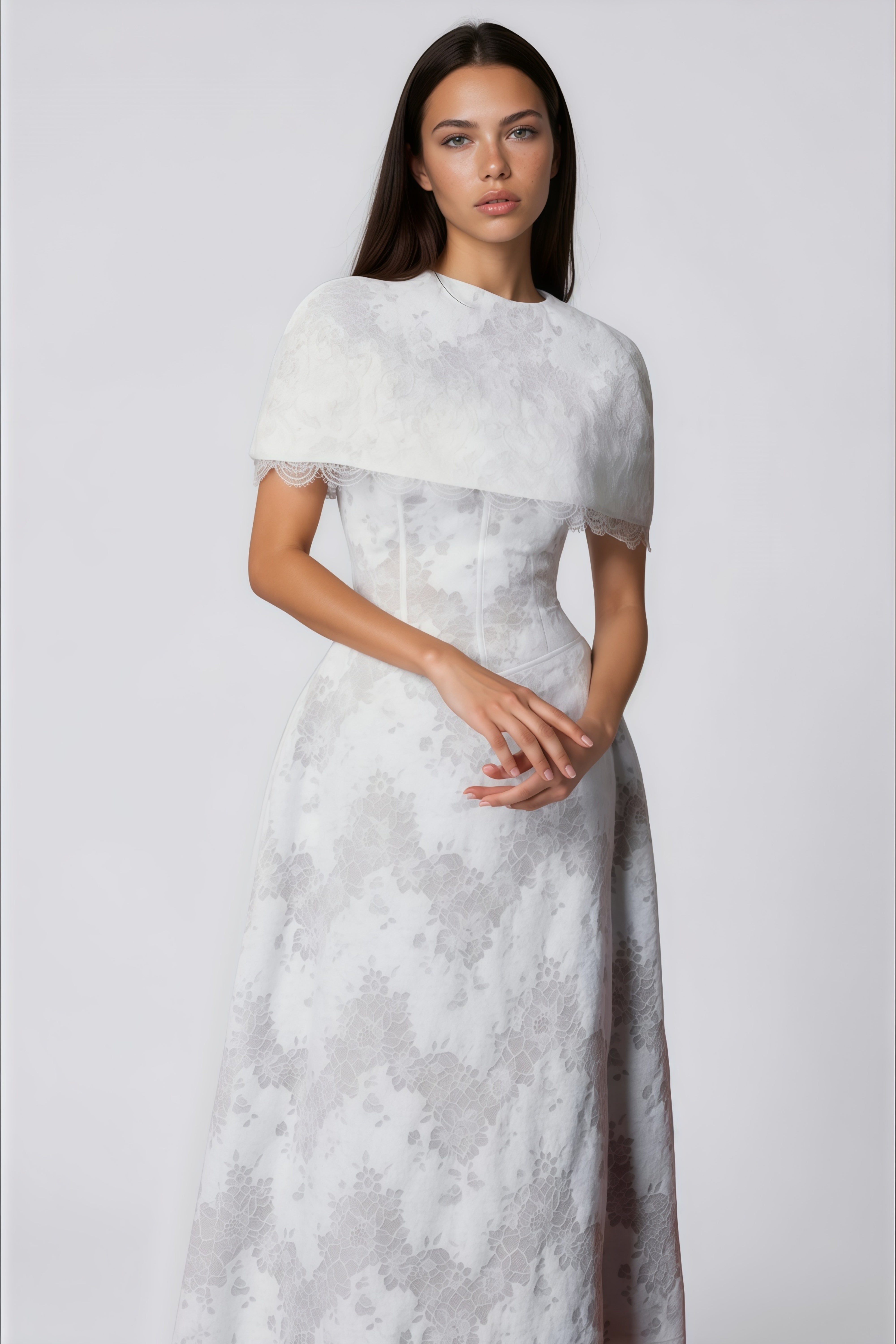 Zohar White Floral Lace Midi Dress with Cape
