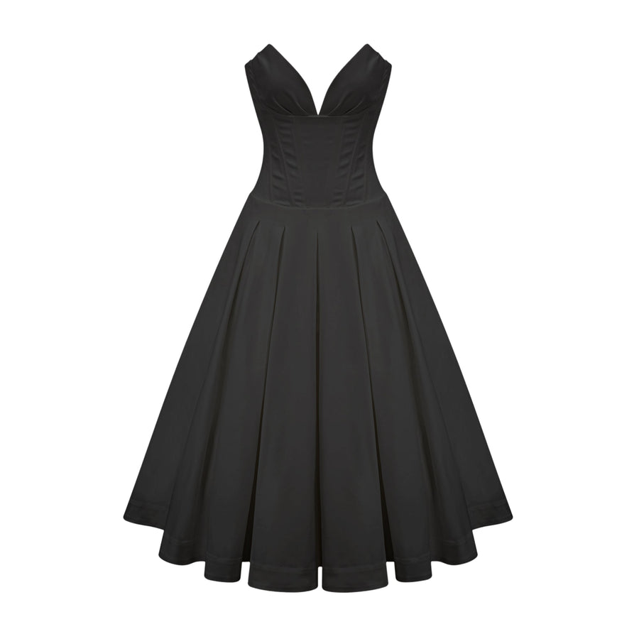 katherine off-shoulder corset midi dress in black