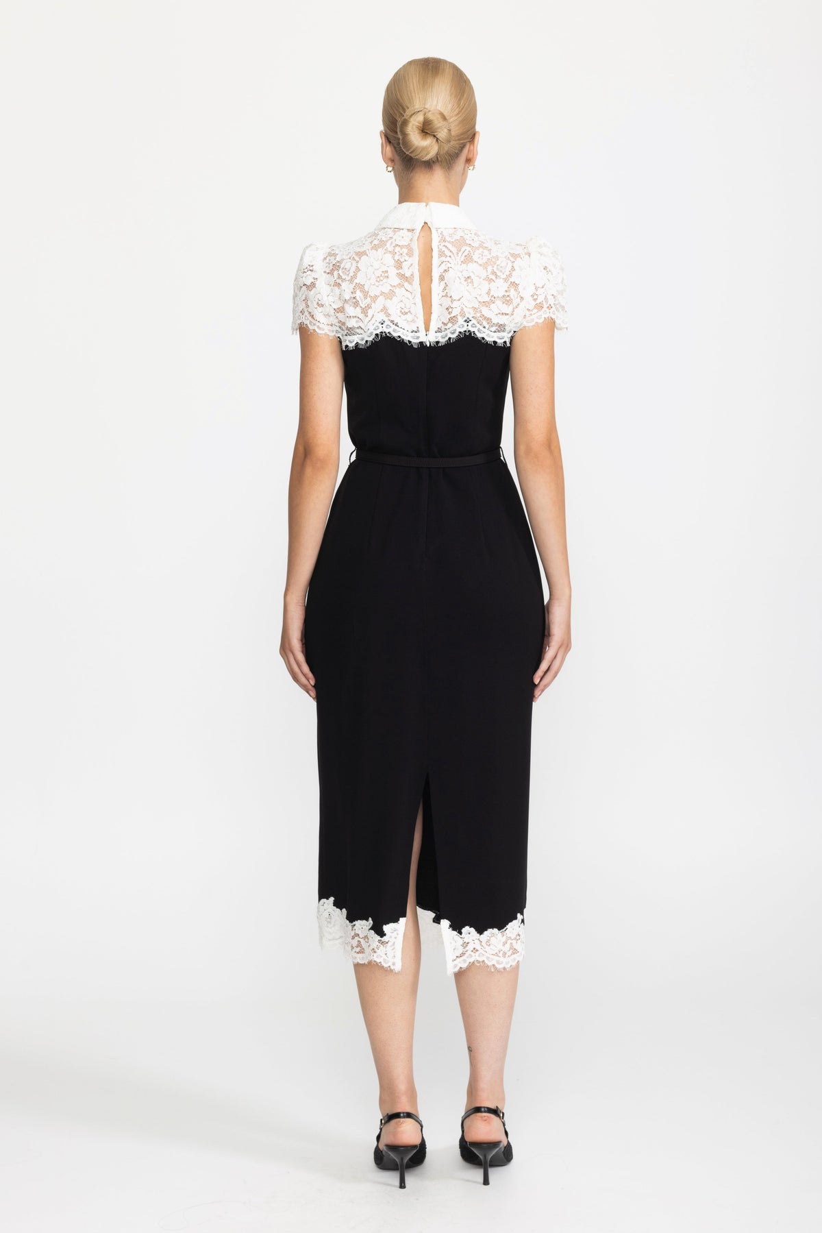 Lace Yoke Bow Collar Crepe Midi Dress - Black