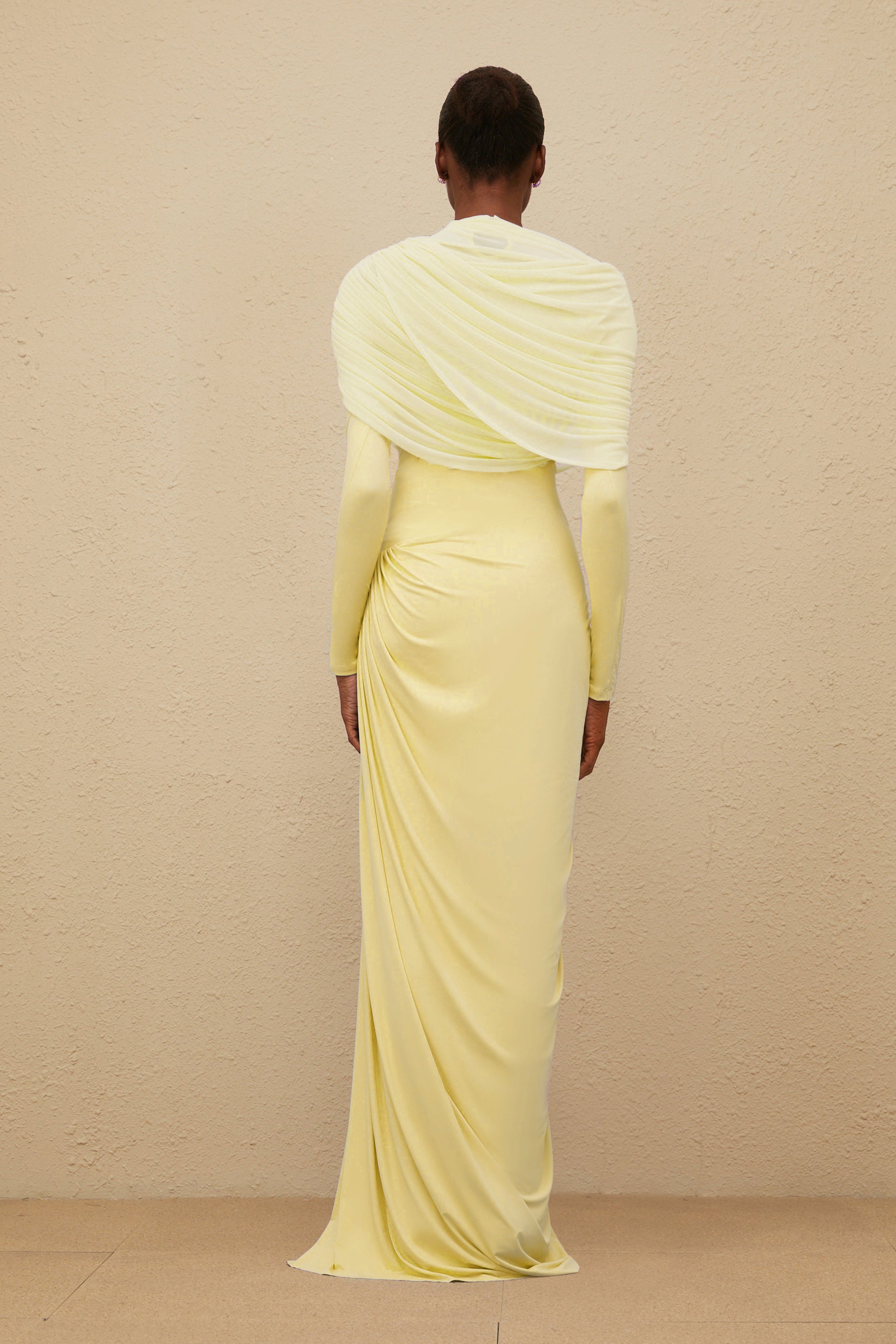 Catherine Yellow Asymmetrical Pleated Long-Sleeve Maxi Dress
