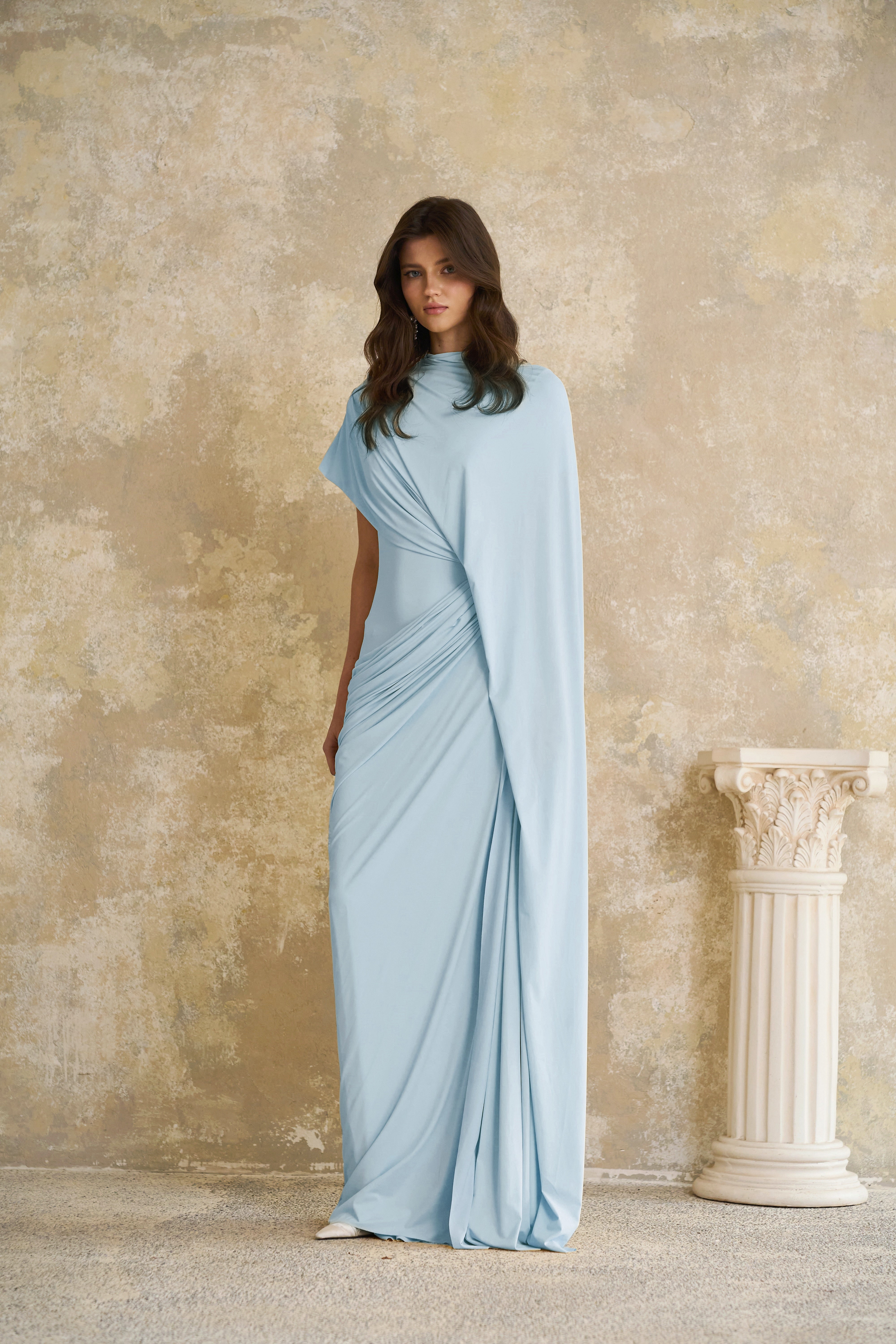 Fenella Blue Asymmetrical Draped Cape & Dress Matching Set