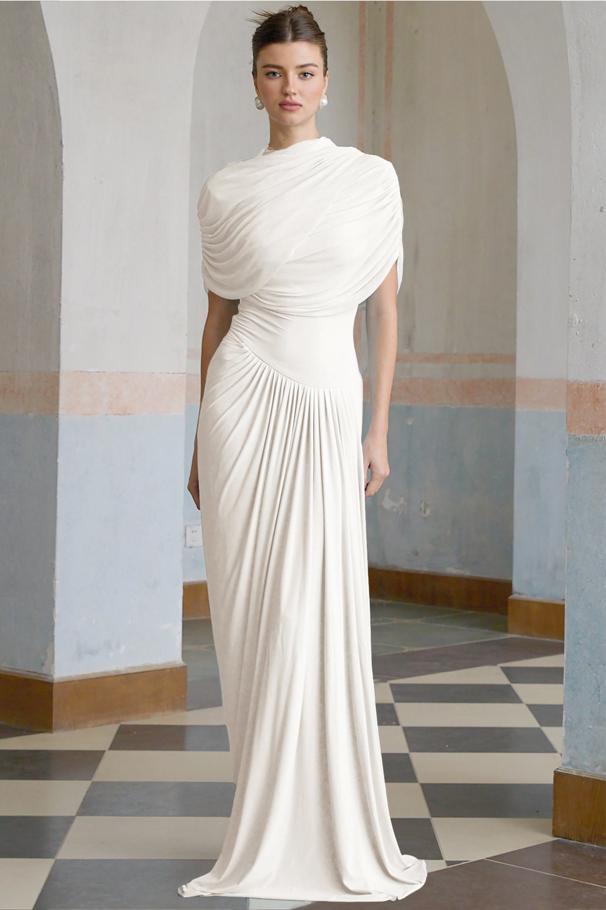 Catherine asymmetric pleated maxi dress in White