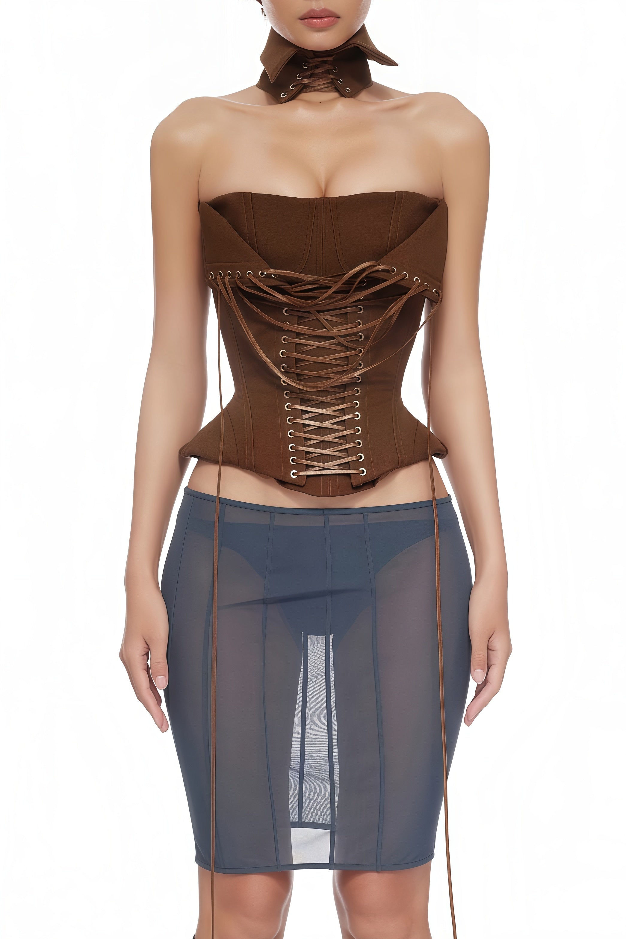 Indre Brown Lace Up Corset Crop Top