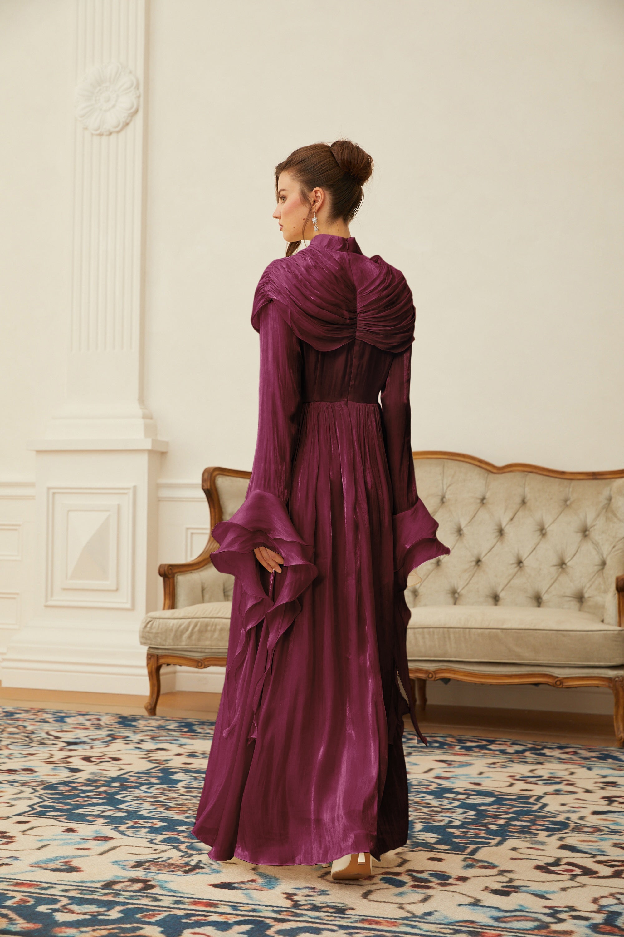 Danuta Burgundy Ruched Pleated Maxi Dress