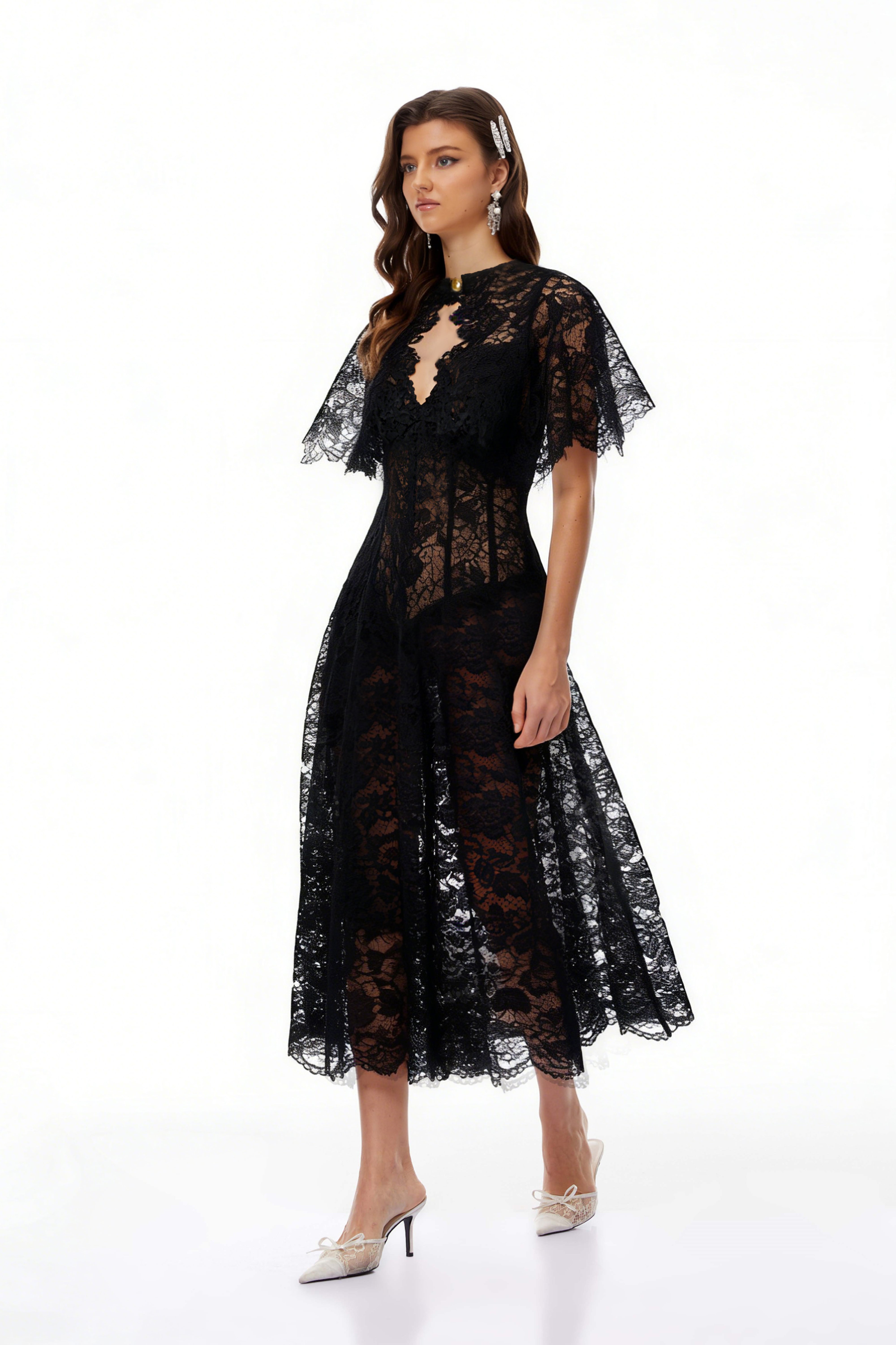 Alaia Black Cape Design Floral Lace Midi Dress