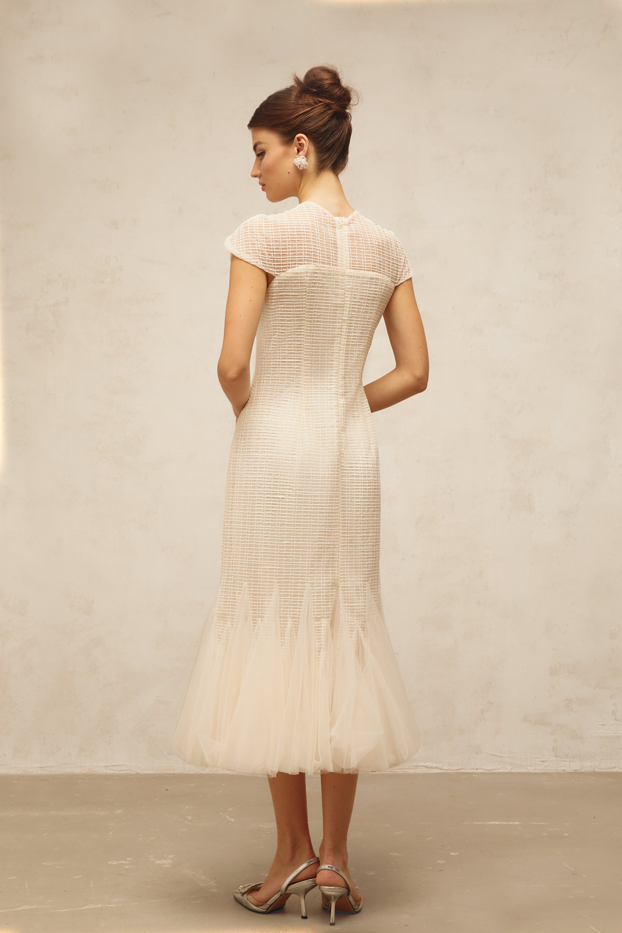 Bérengère white jacquard tulle-panel midi dress