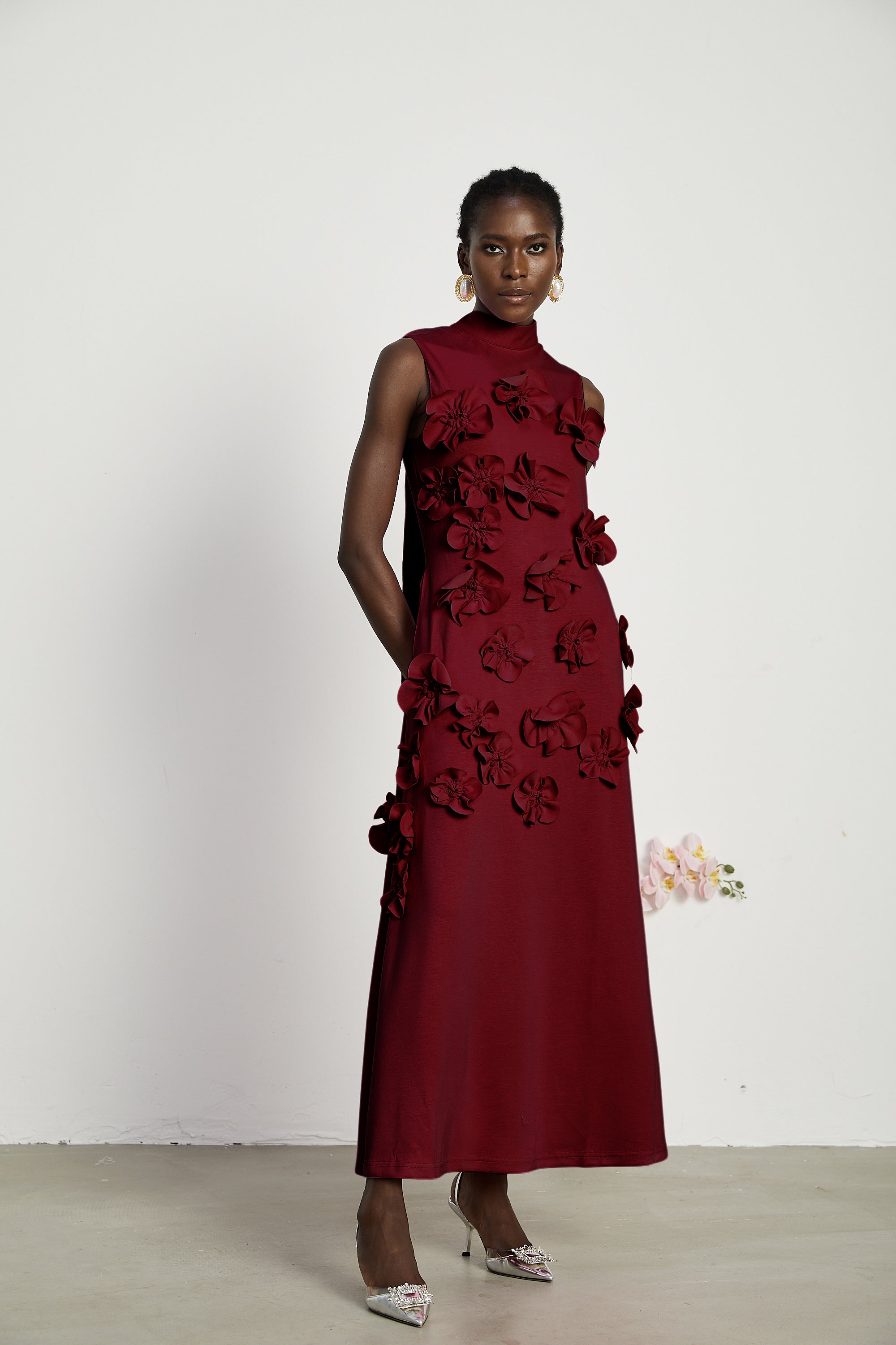Magali Red Sleeveless Maxi Dress with Faux Flower & Bow-Tie Embellishment (Final Sale-US Only)