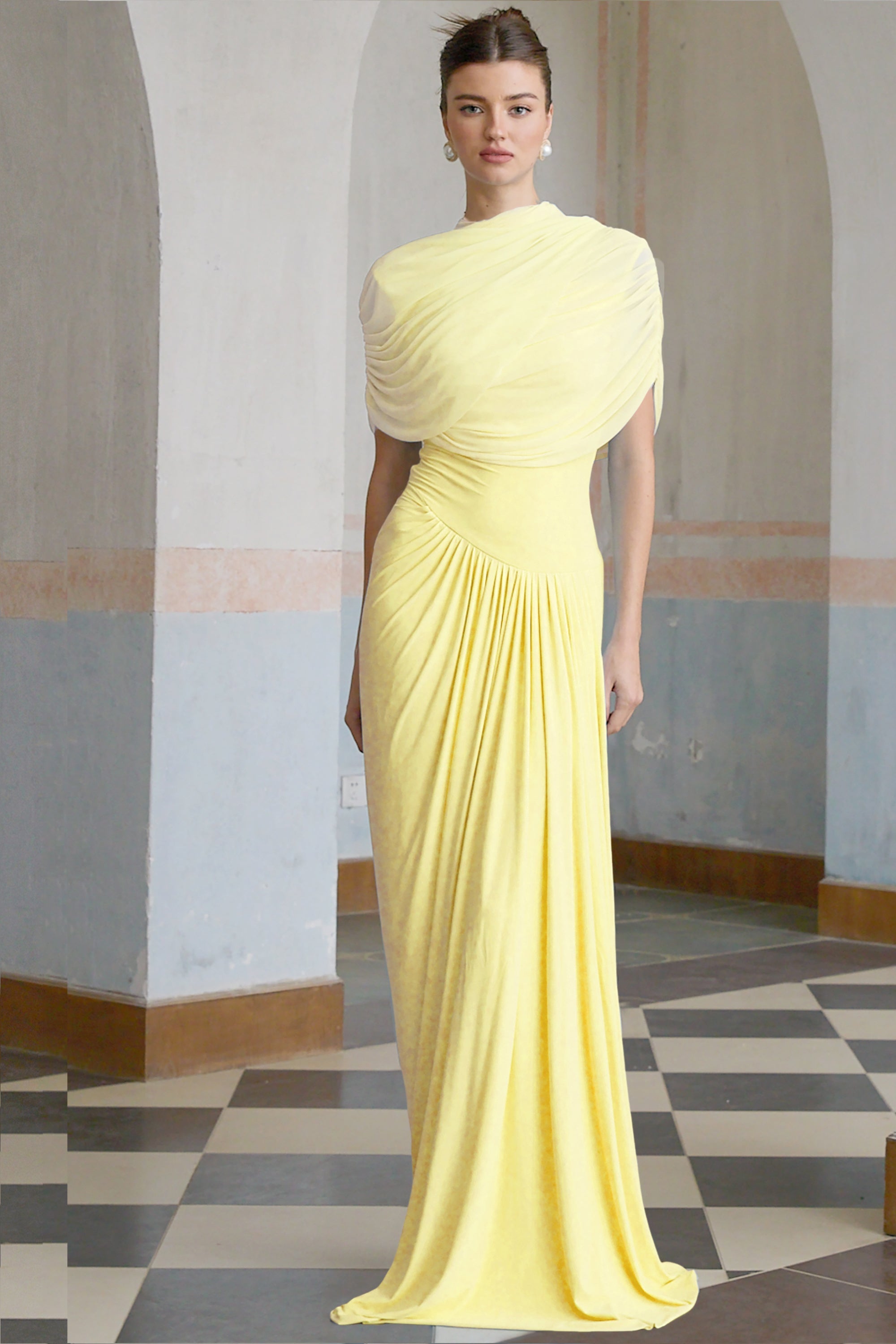 Catherine asymmetrical pleated maxi dress in Yellow
