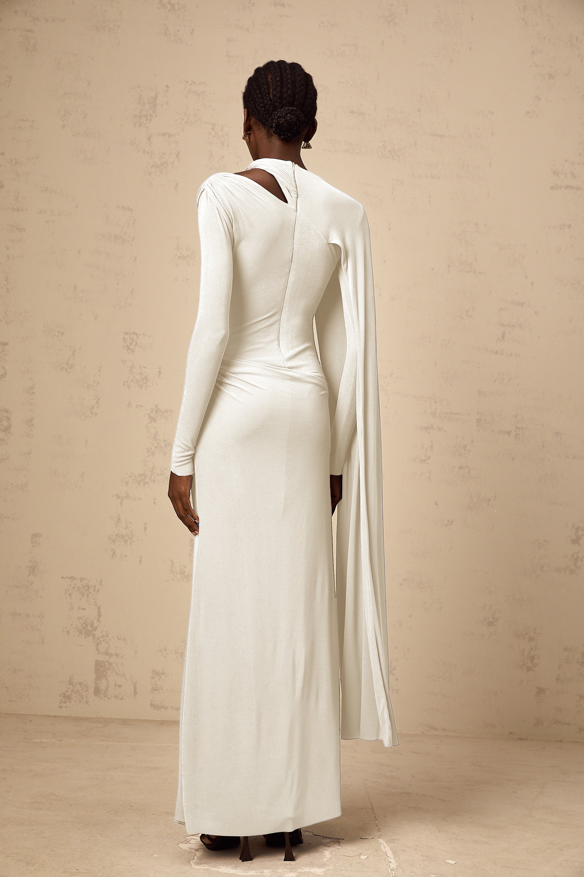 Josette White Diagonal Shawl Fitted Maxi Dress