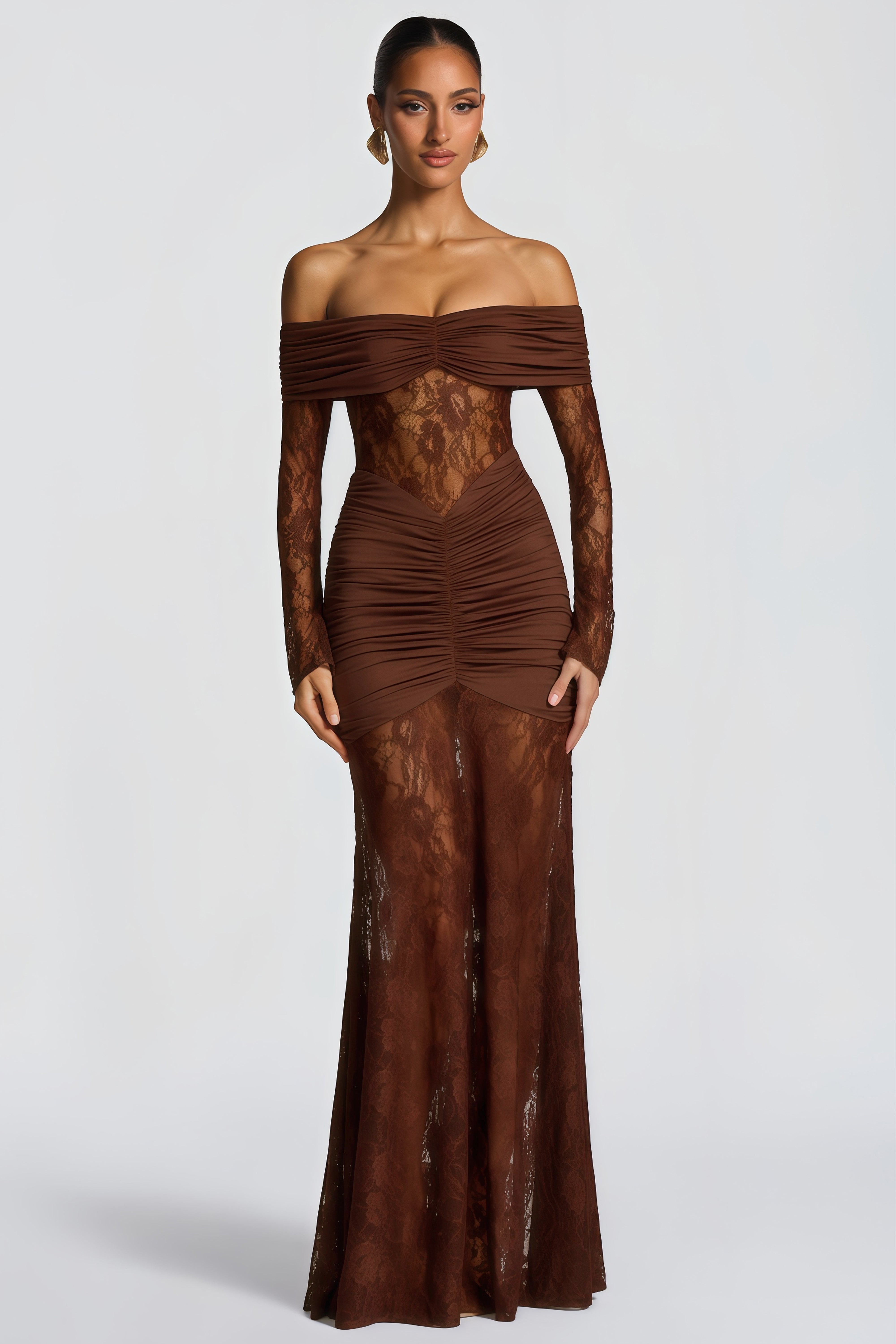 Brigitte Brown Lace Panel Ruched Maxi Dress (Final Sale)