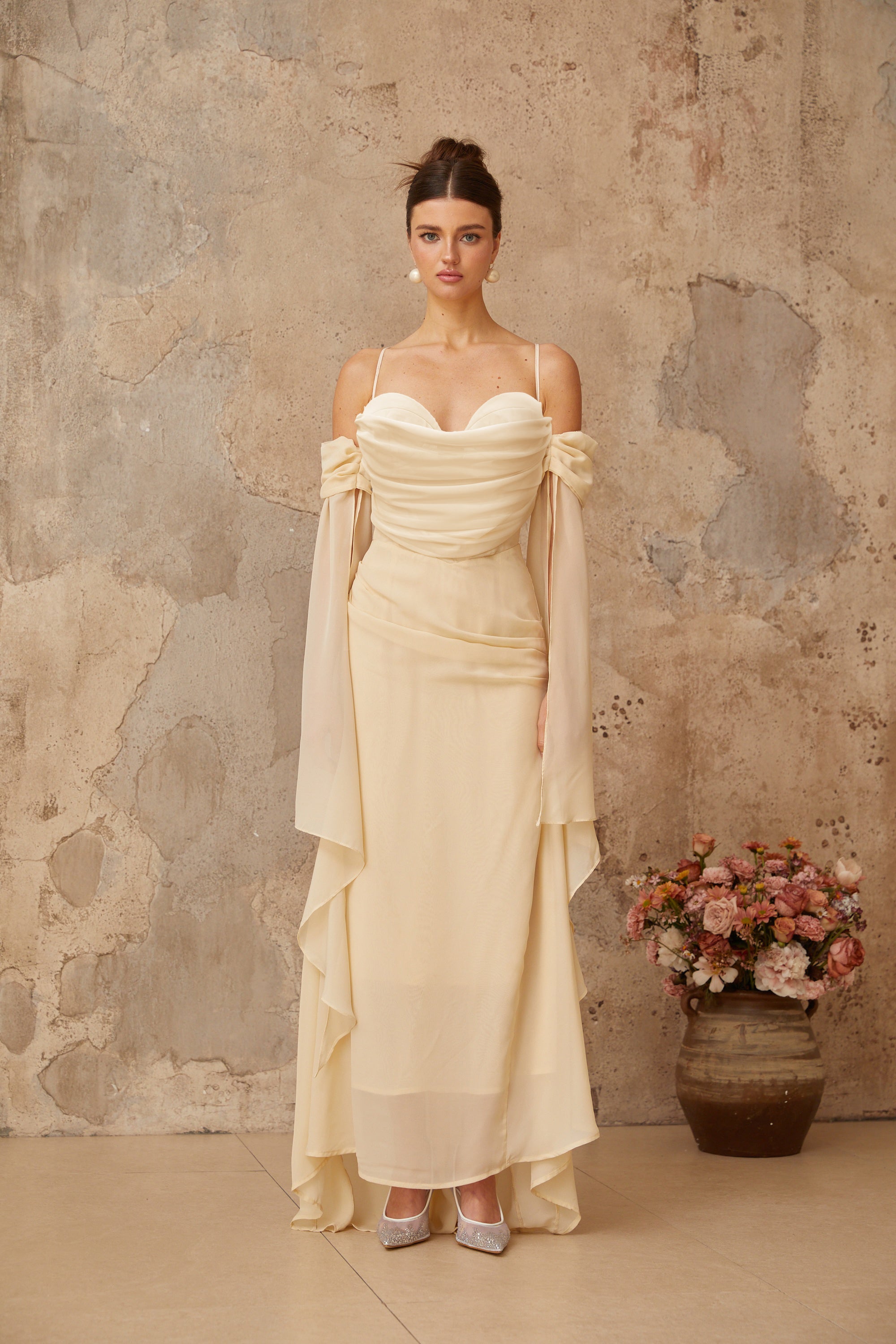 Mélusine Neutral Ruched Chiffon Maxi Dress