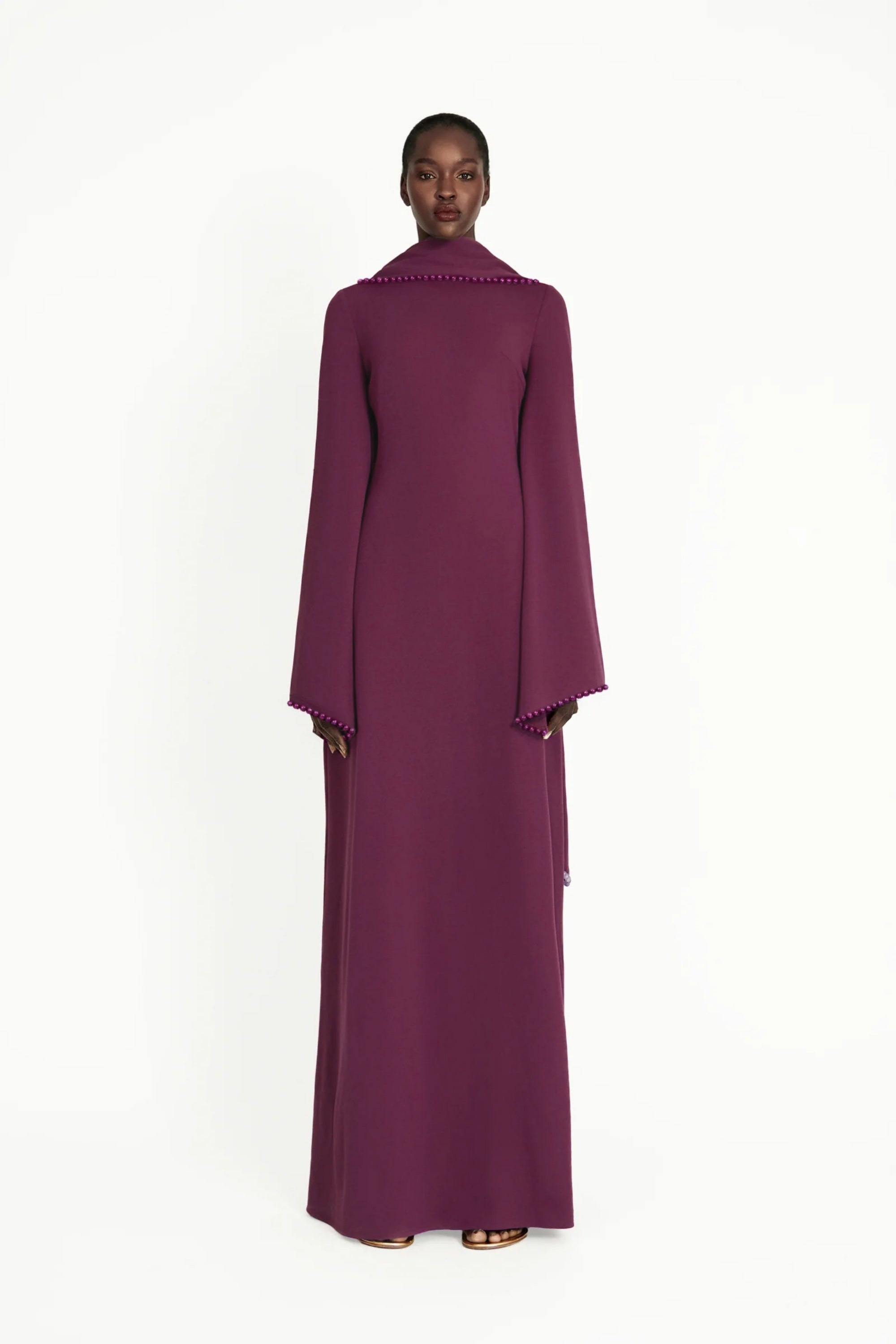 Piroska Purple Pearl Trim Shawl Detail Maxi Dress (Final Sale)