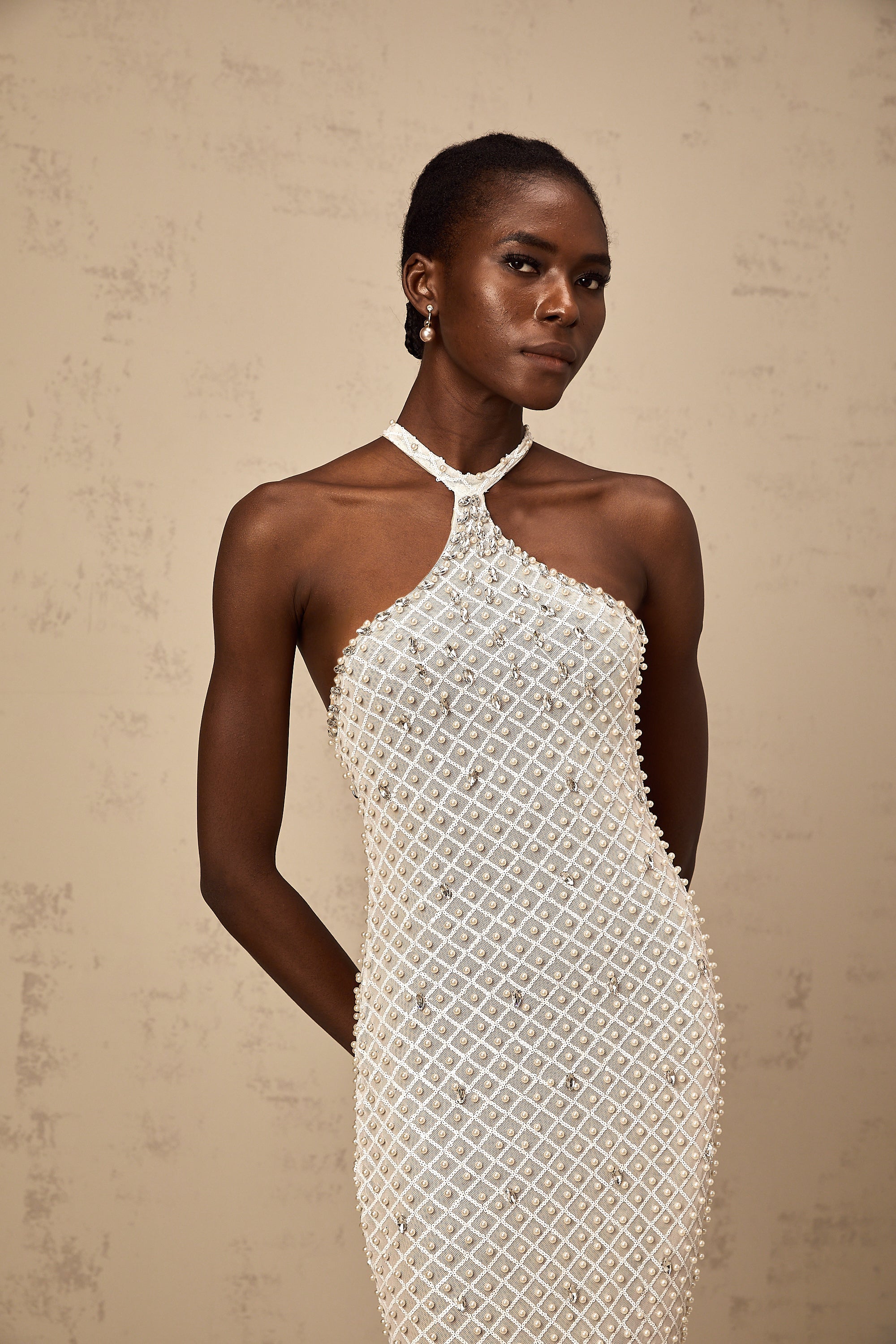 Claudine white embellished halterneck maxi dress (Final Sale-US Only)