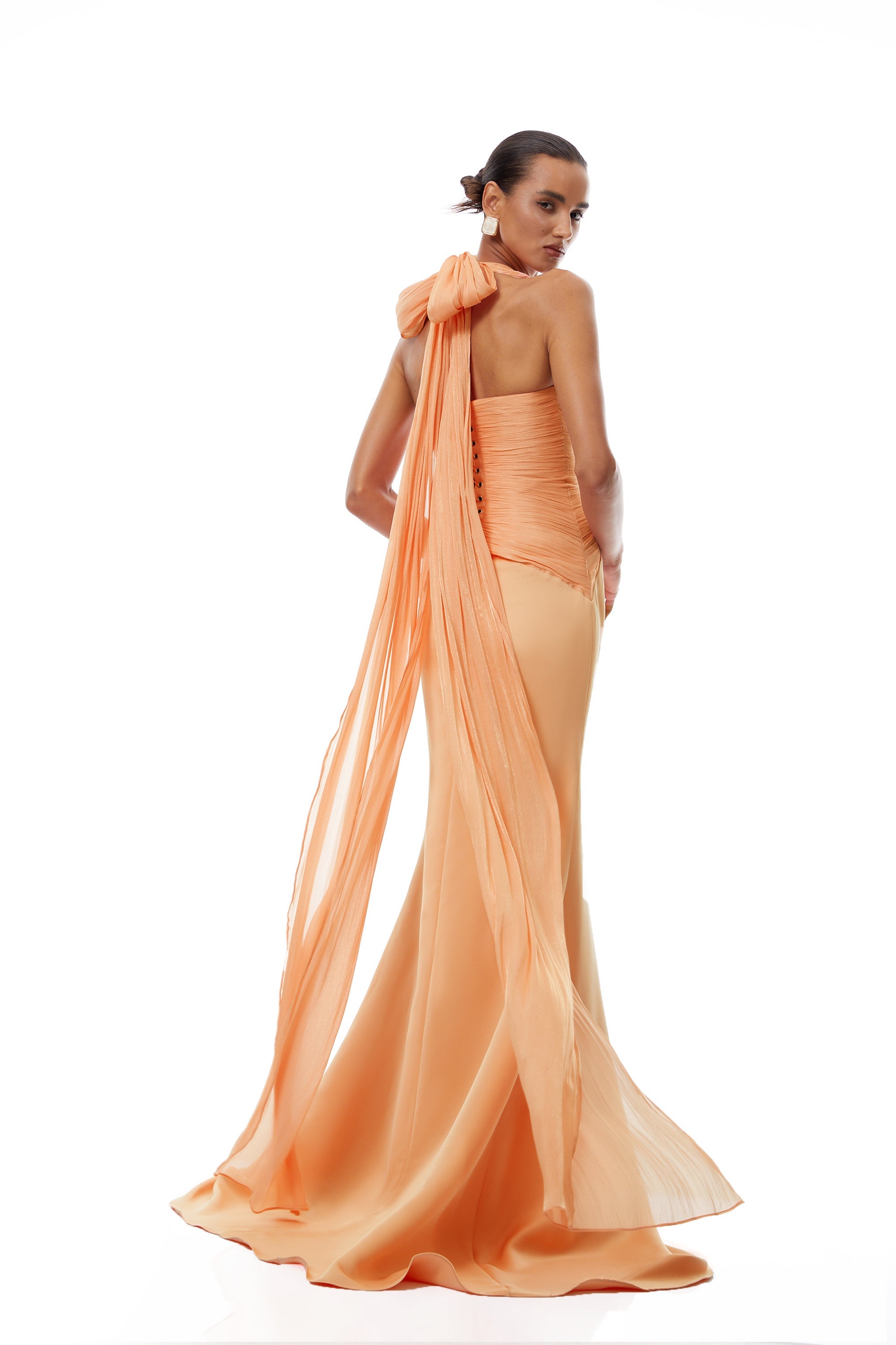 Emmeline Orange Train Design Gathered Maxi Dress