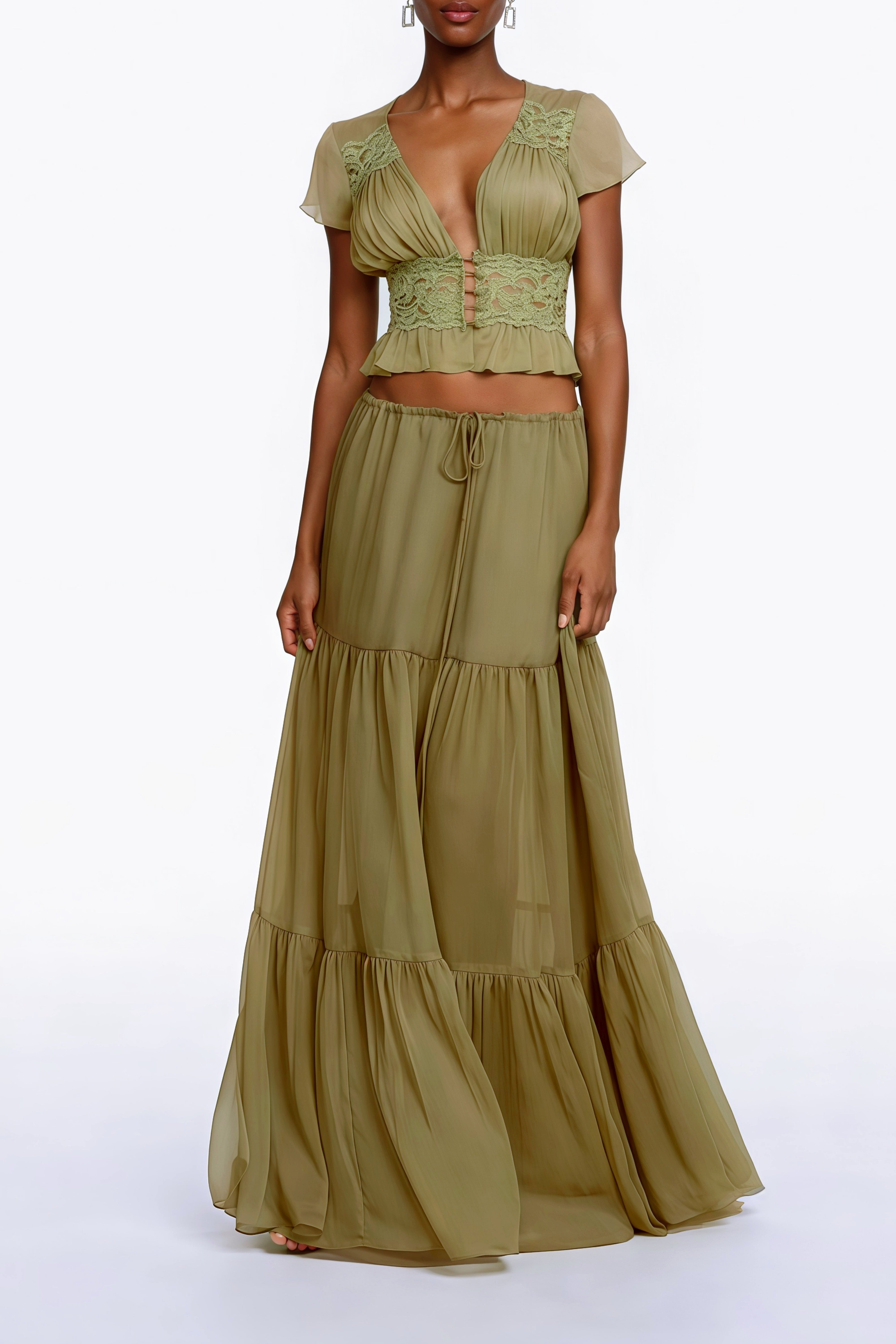 Pleiade Green Floral Lace Chiffon Top & Skirt Set