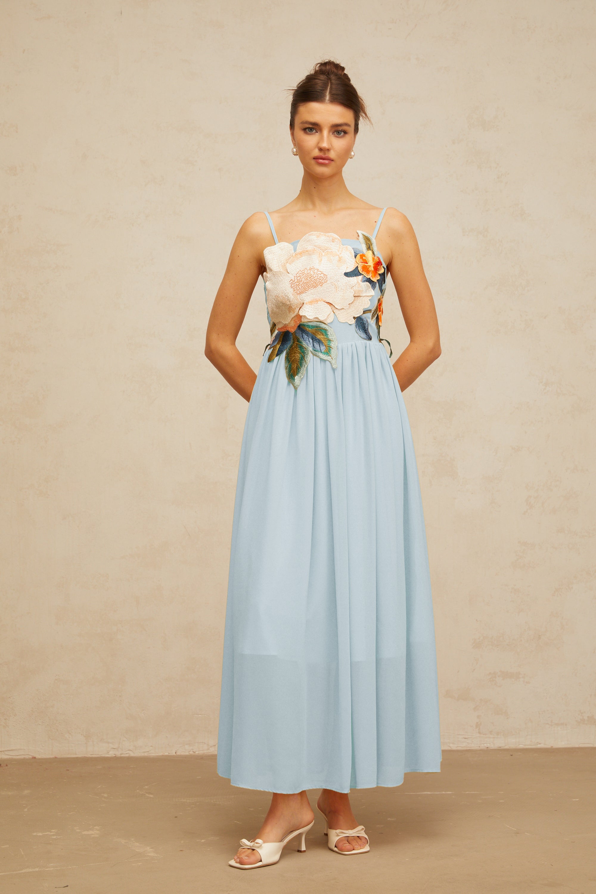 Josette floral-embroidered shirred maxi dress in Blue (Final Sale-US Only)