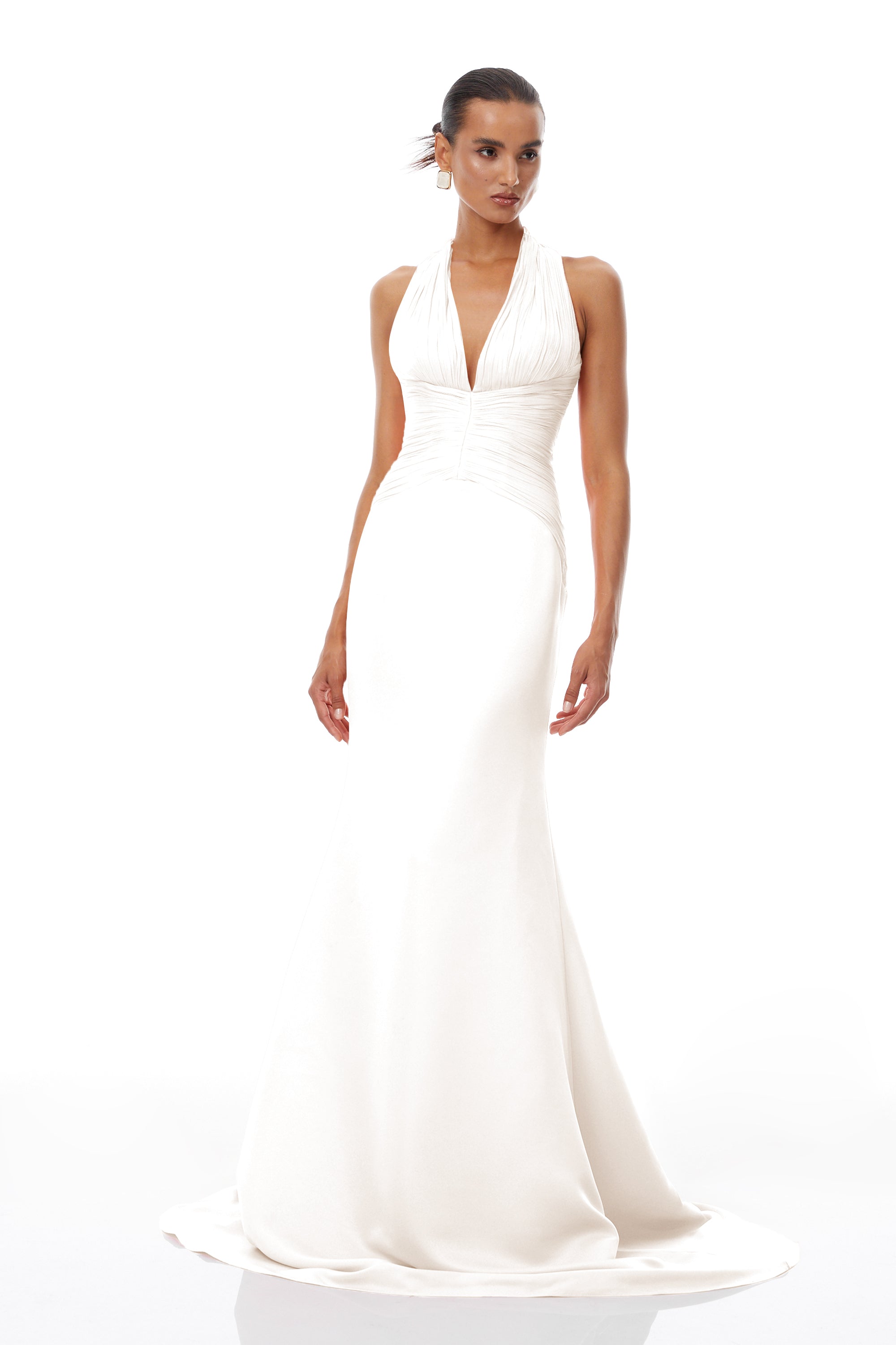 Emmeline White Train Design Gathered Maxi Dress