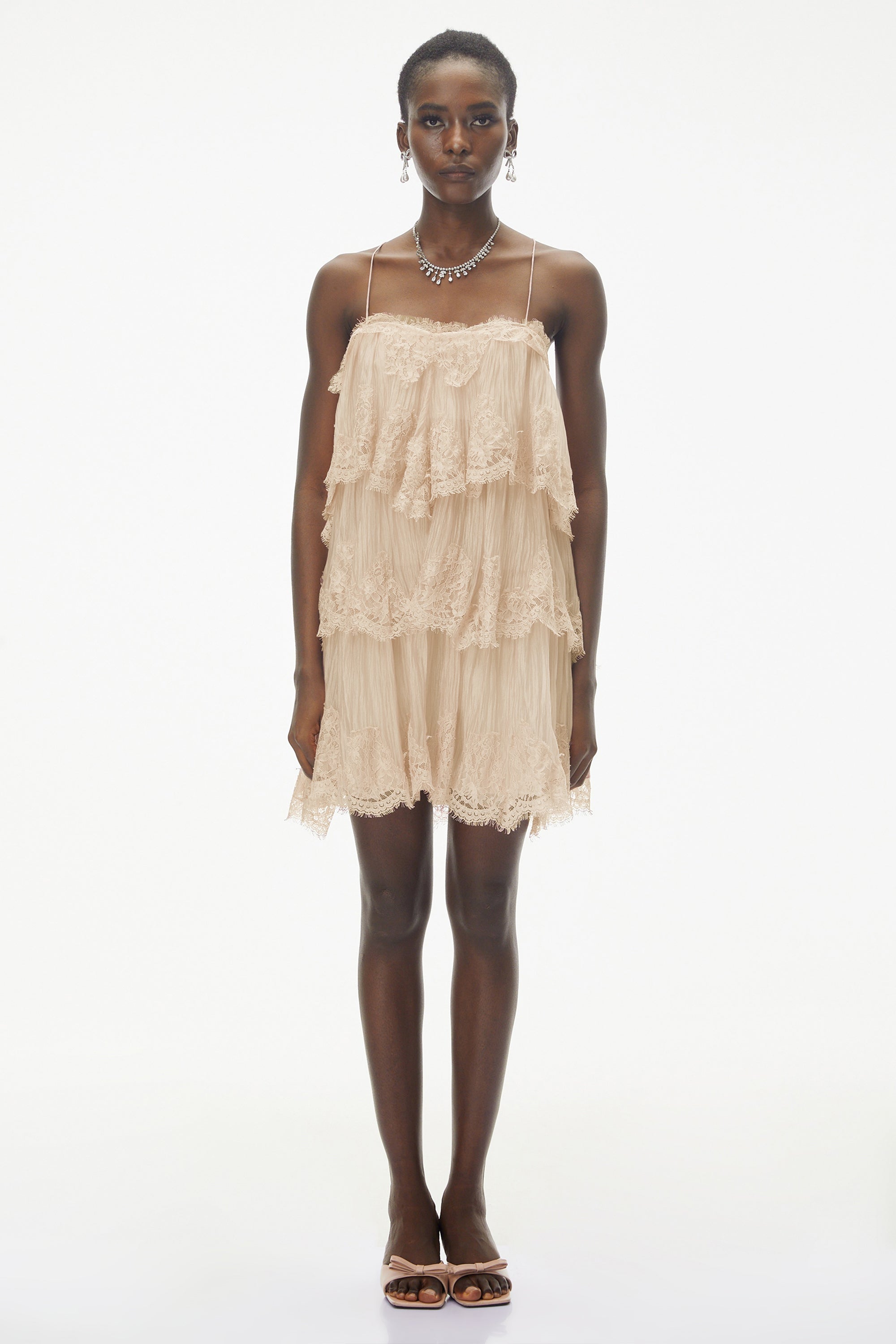 Rachel Beige Tiered Mini Dress with Lace Trim